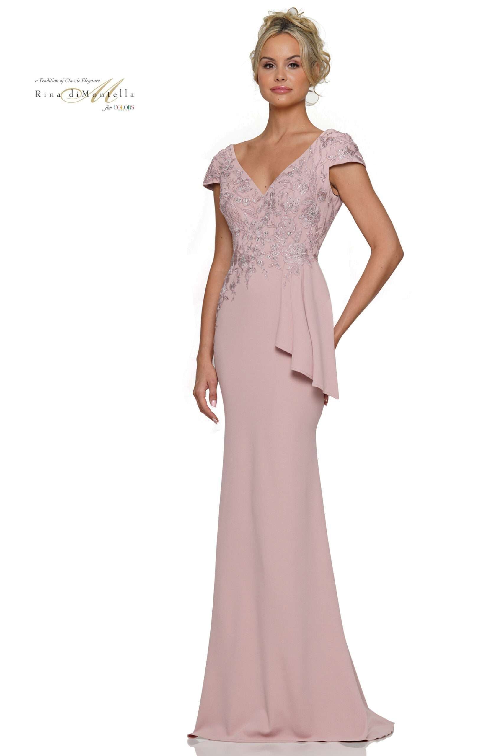 Rina Di Montella -RD2960 Cap Sleeves Ruffle Sash Flare Gown