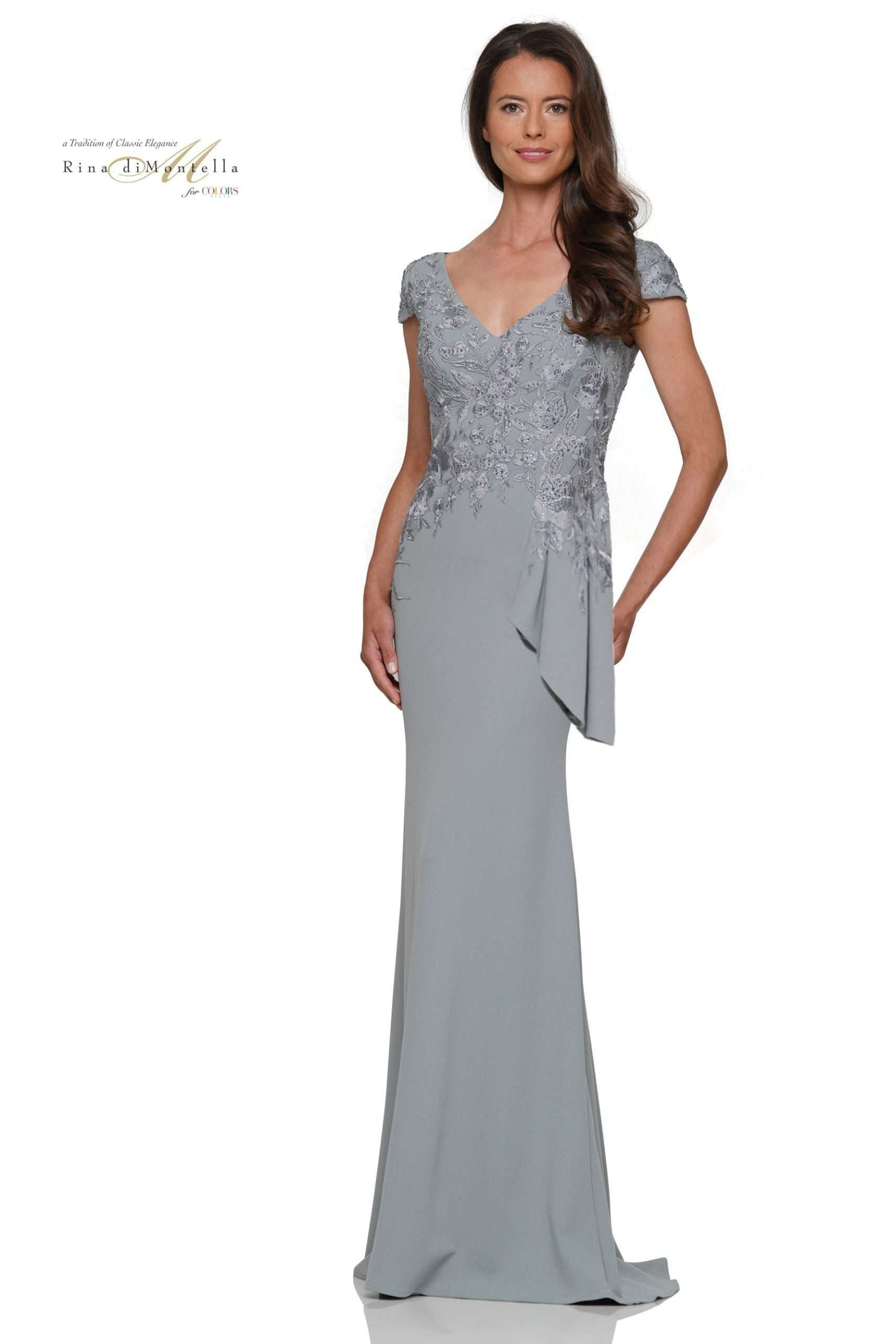 Rina Di Montella -RD2960 Cap Sleeves Ruffle Sash Flare Gown