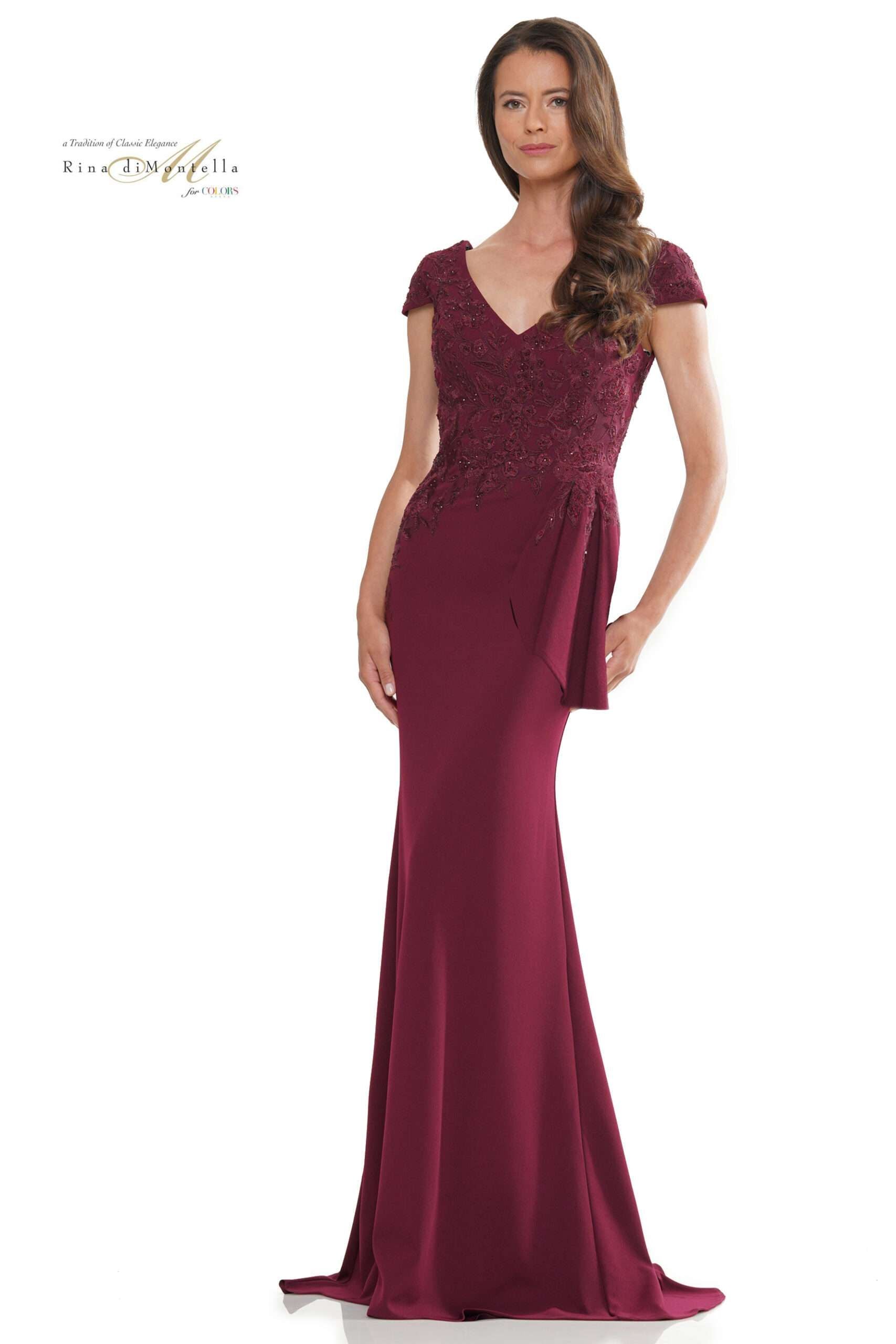 Rina Di Montella -RD2960 Cap Sleeves Ruffle Sash Flare Gown