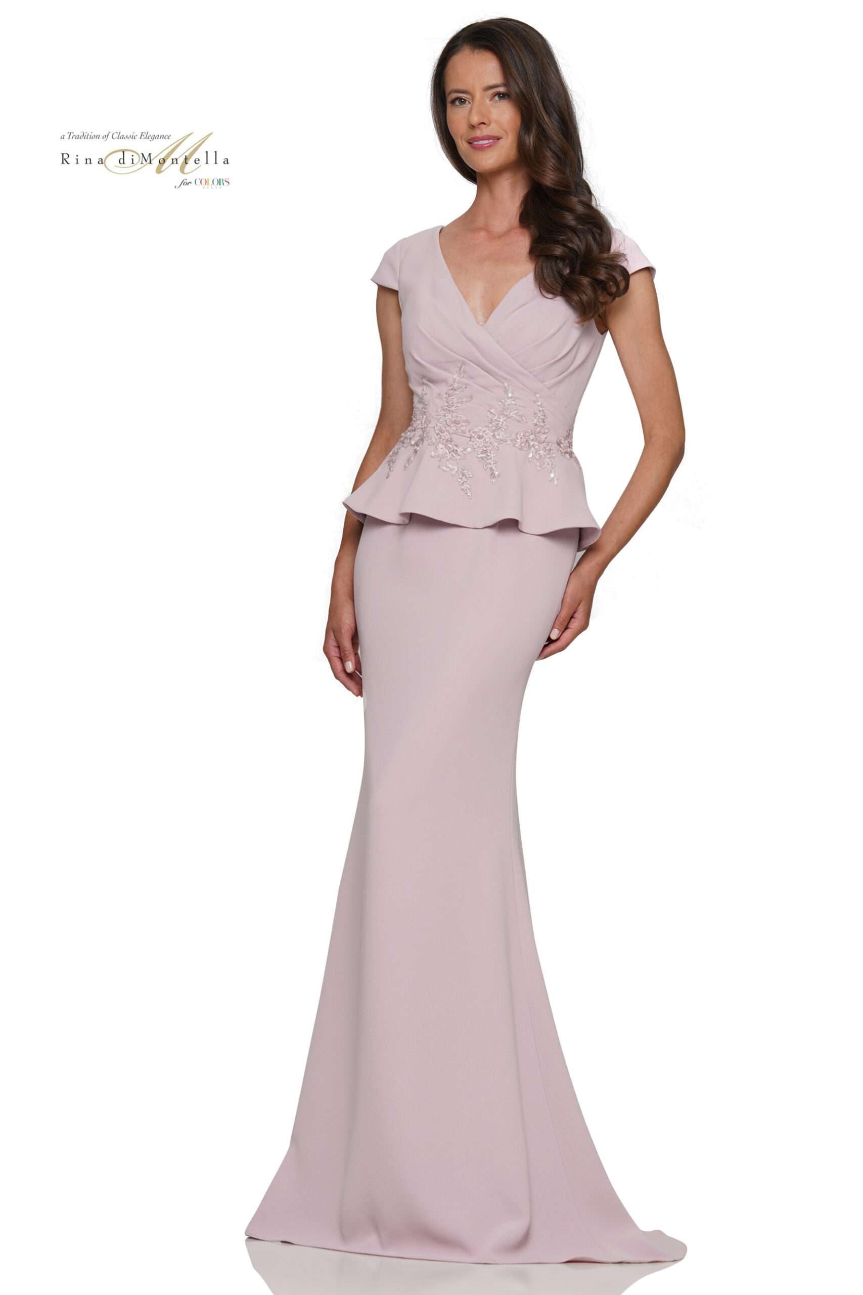 Rina Di Montella -RD2971 Wrapped Bodice Lace Applique Waist Flare Gown