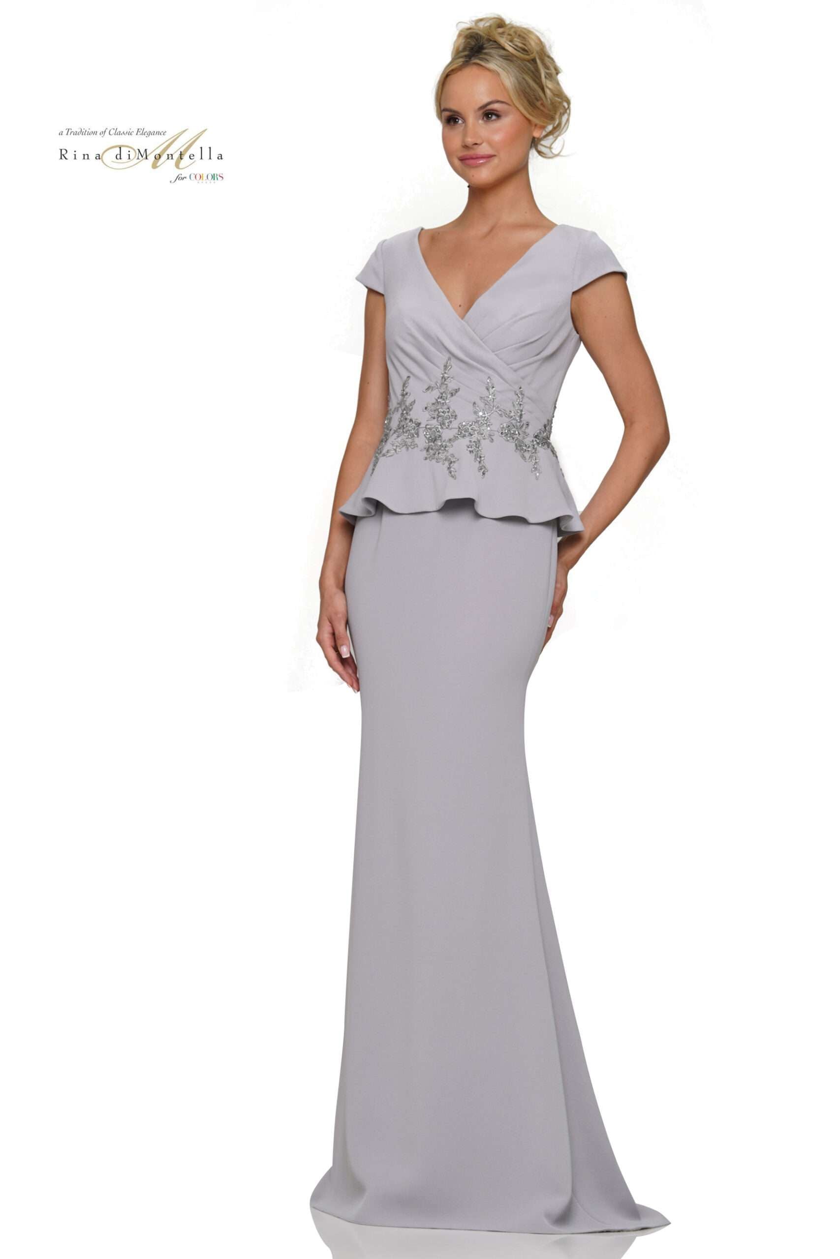 Rina Di Montella -RD2971 Wrapped Bodice Lace Applique Waist Flare Gown