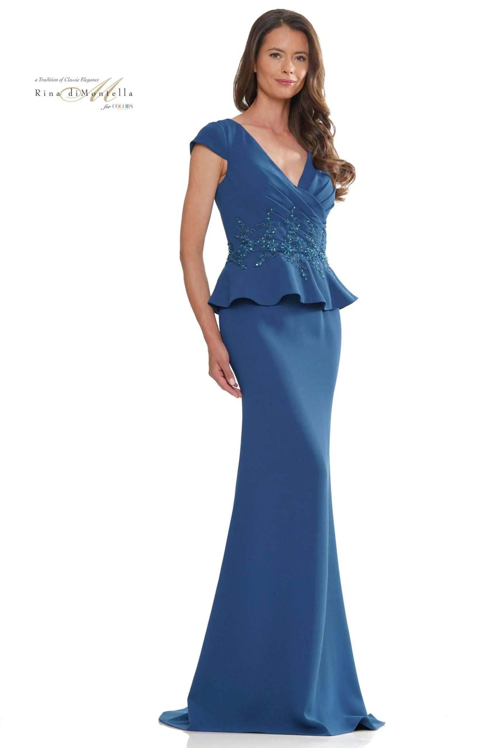 Rina Di Montella -RD2971-1 Wrapped Bodice Lace Applique Waist Flare Gown