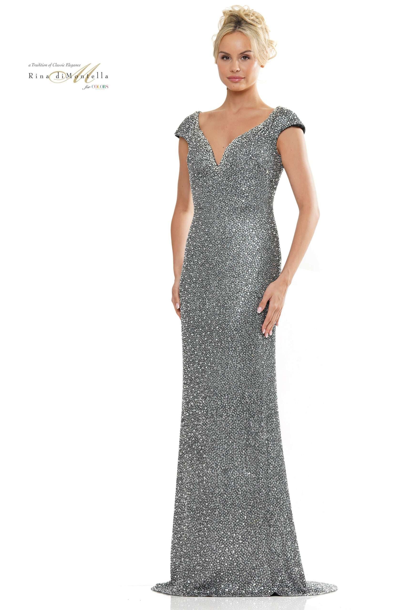 Rina Di Montella -RD2983 Glitter Jersey Fit Stone Embellishment Gown