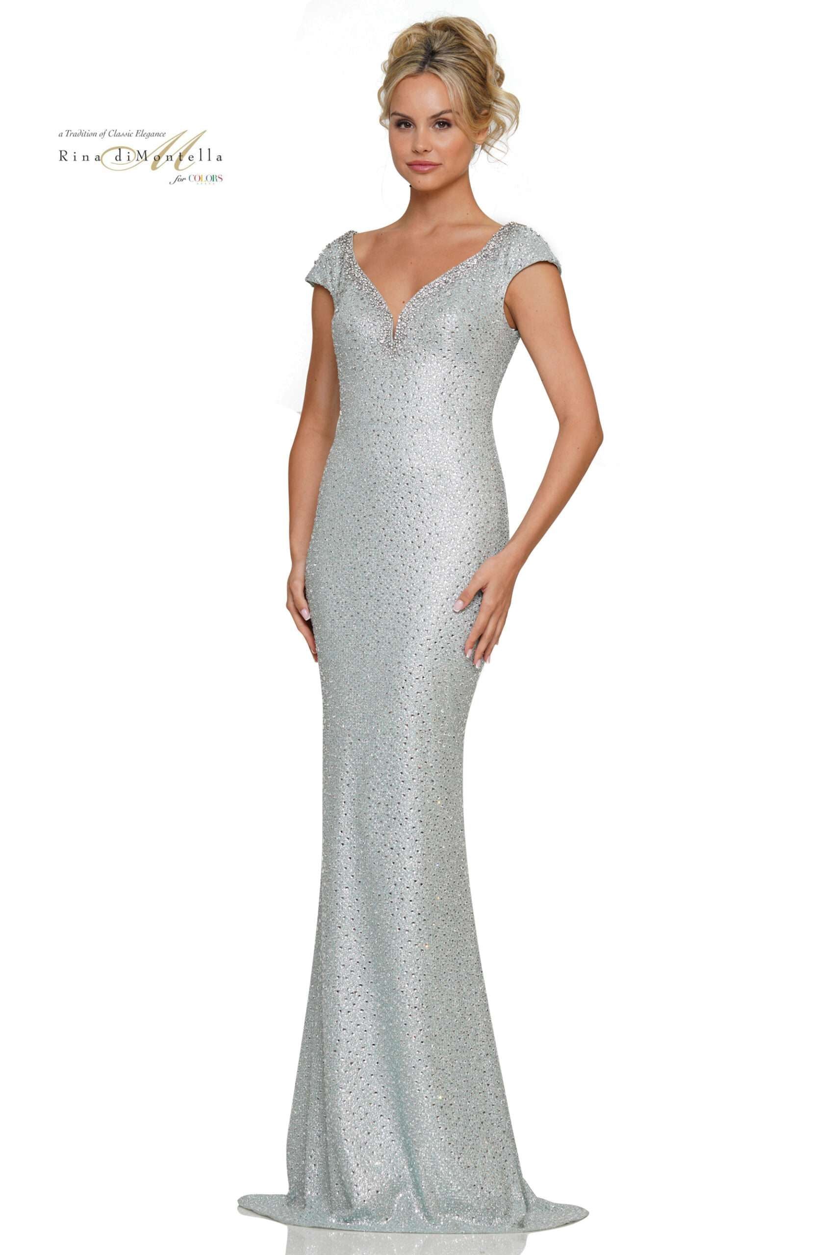 Rina Di Montella -RD2983 Glitter Jersey Fit Stone Embellishment Gown