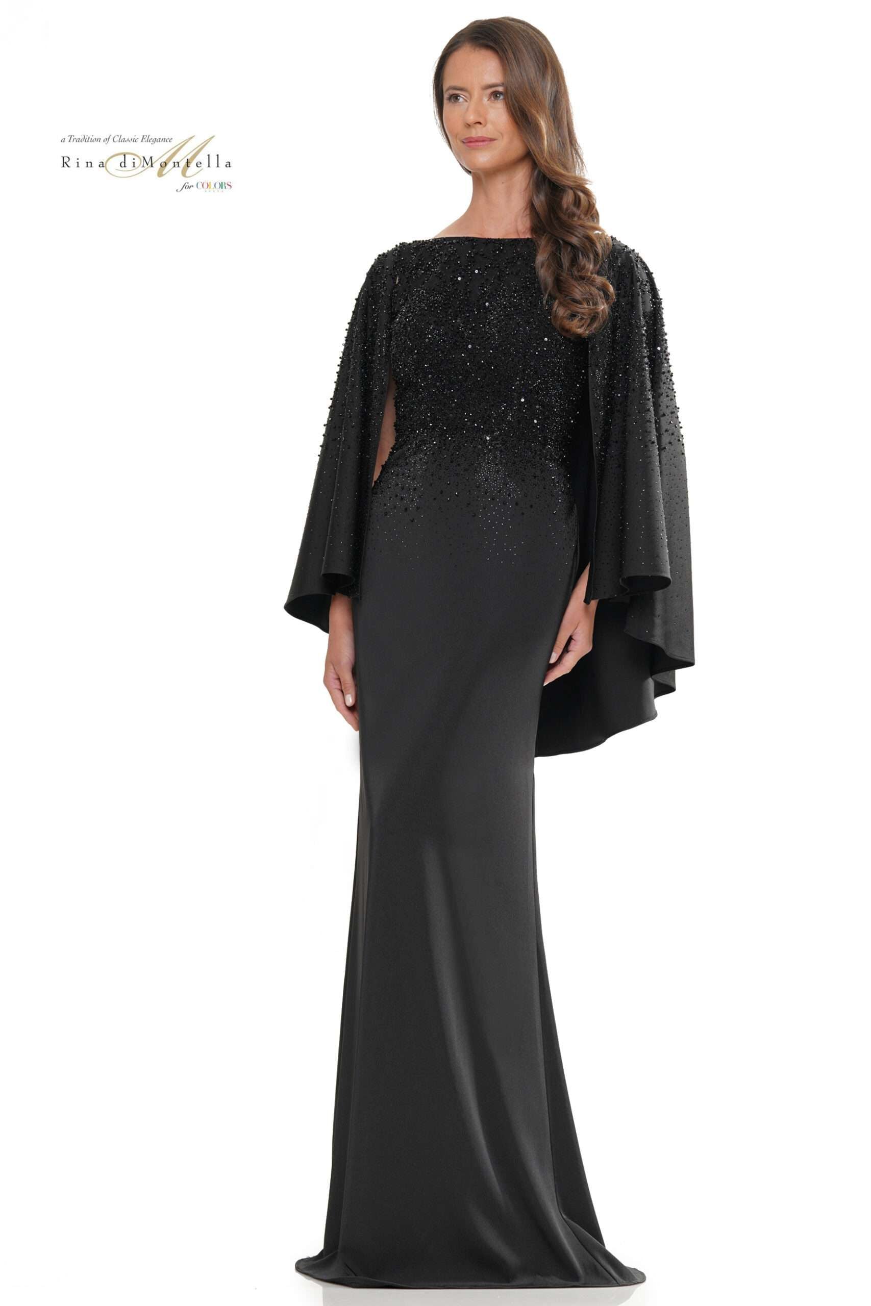 Rina Di Montella -RD2989 Cape Sleeve Stone Embellishment Satin Dress