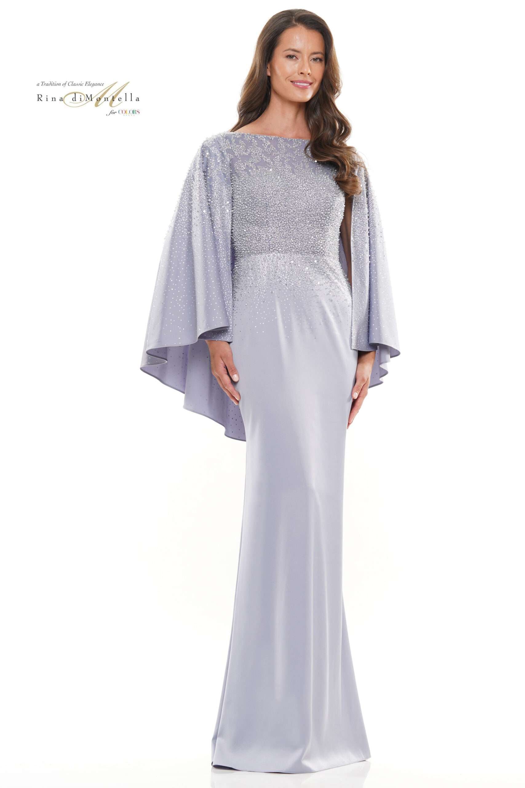 Rina Di Montella -RD2989 Cape Sleeve Stone Embellishment Satin Dress