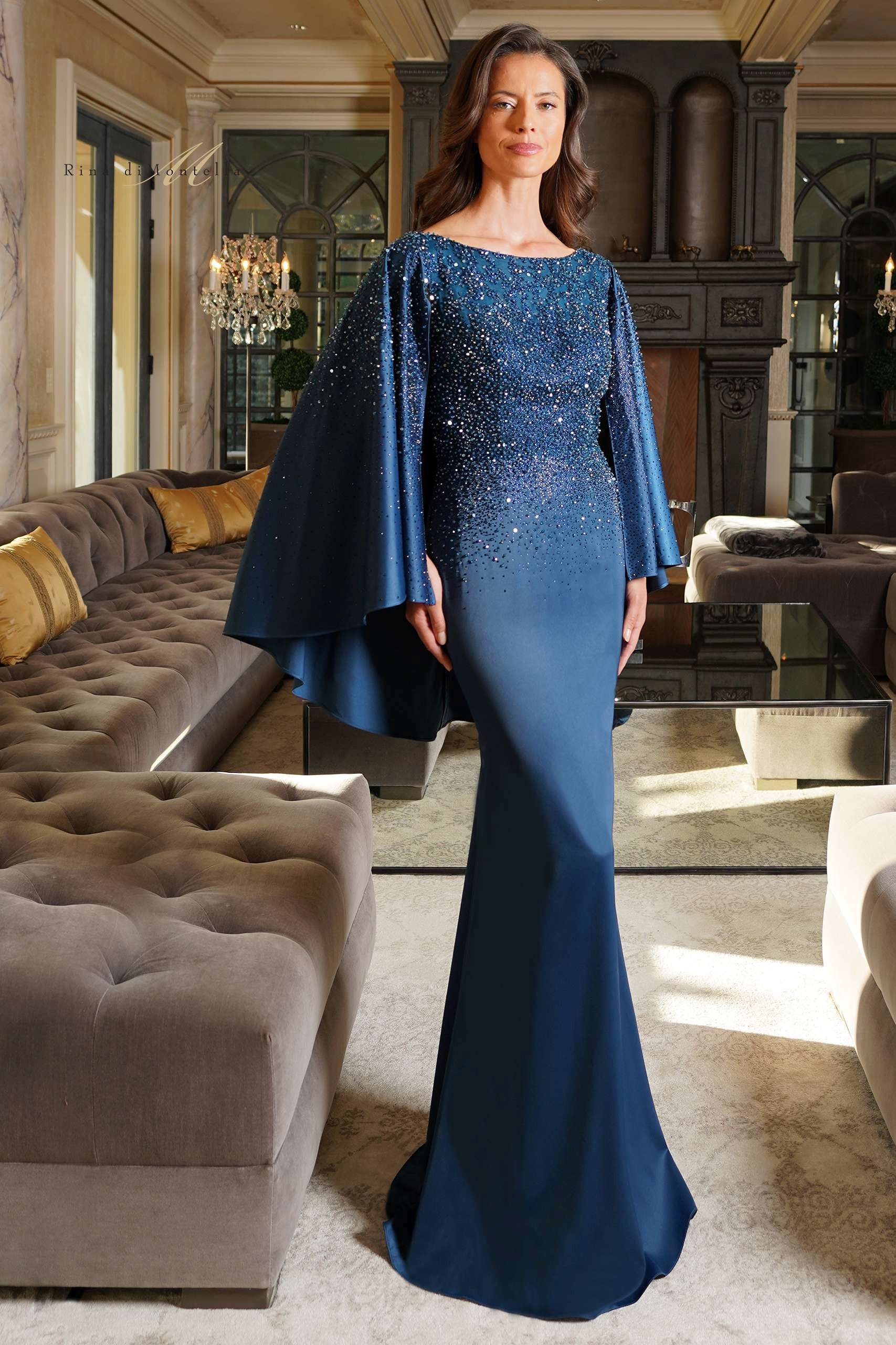 Rina Di Montella -RD2989 Cape Sleeve Stone Embellishment Satin Dress