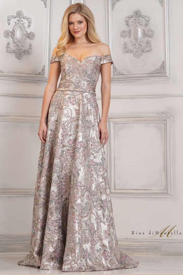 Rina Di Montella -RD3105 Off Shoulder Brocade A-Line Dress