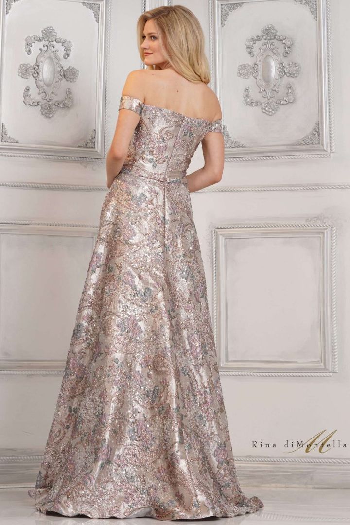 Rina Di Montella -RD3105-1 Off Shoulder Brocade A-Line Dress