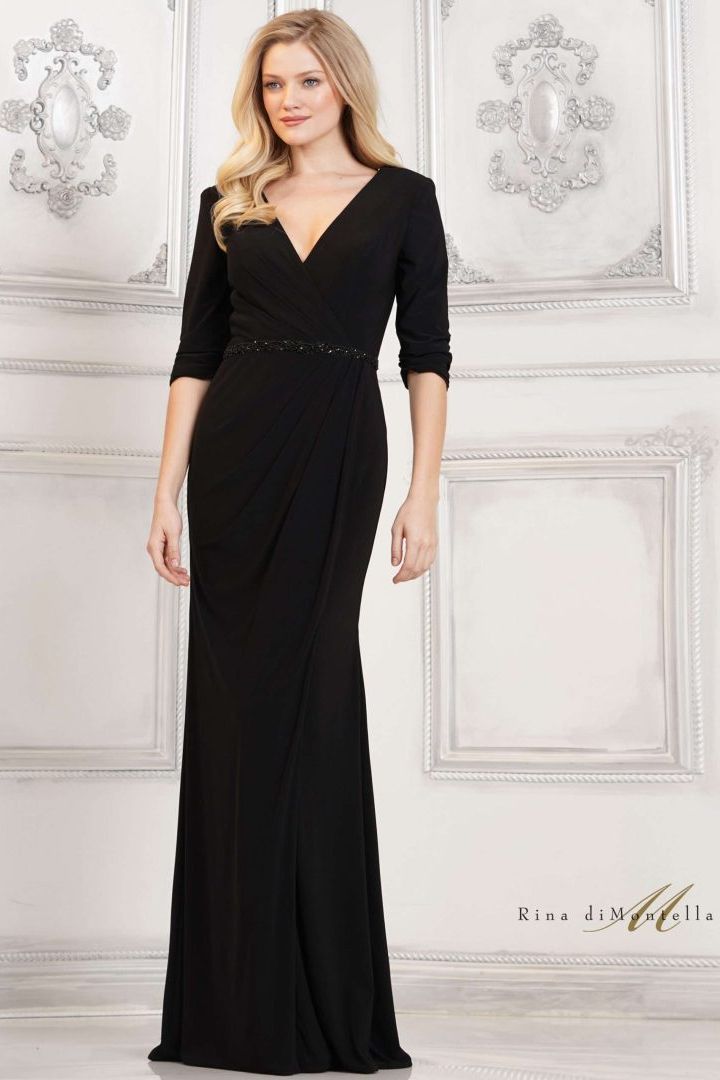 Rina Di Montella -RD3109-1 V-Neck Ruched Jersey Sheath Dress