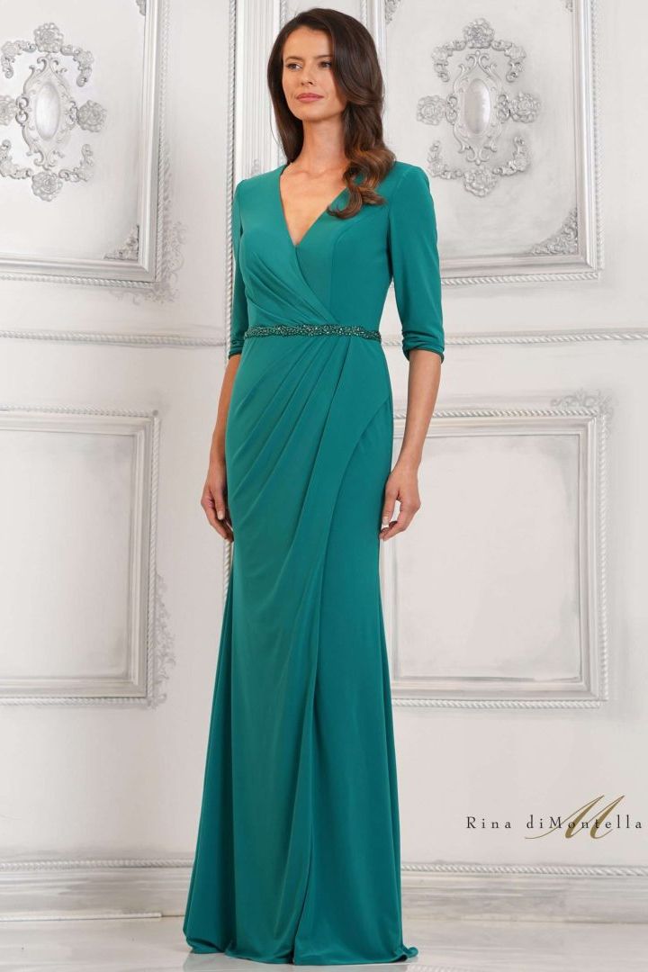 Rina Di Montella -RD3109 V-Neck Ruched Jersey Sheath Dress