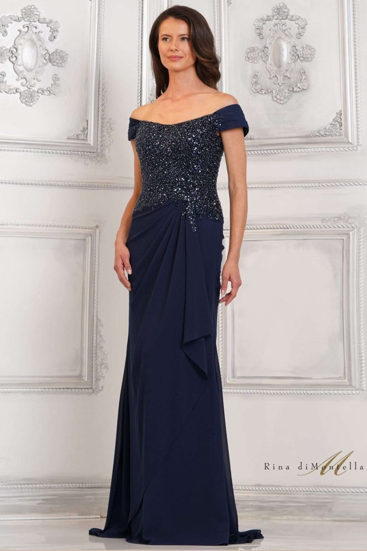 Rina Di Montella -RD3128 Cap Sleeve Beaded Top Formal Gown