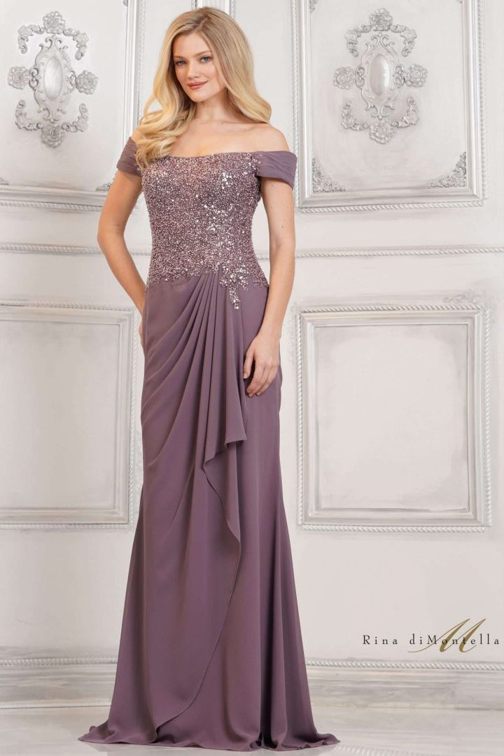 Rina Di Montella -RD3128-1 Cap Sleeve Beaded Top Formal Gown