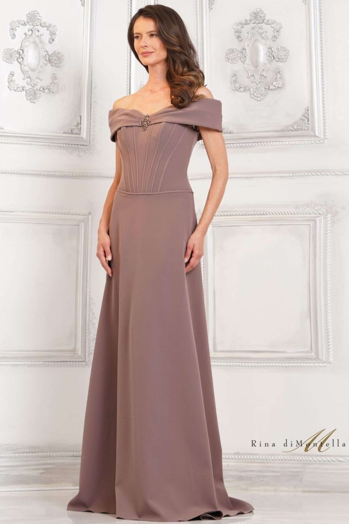 Rina Di Montella -RD3131-1 Off Shoulder Corset Evening Gown