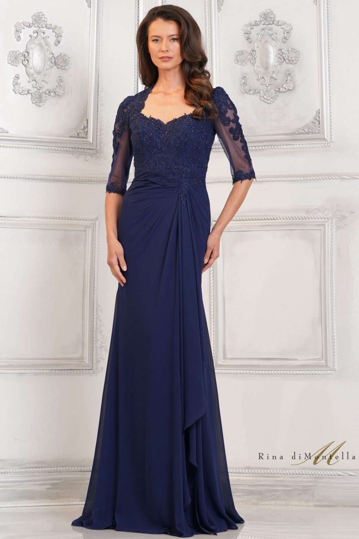 Rina Di Montella -RD3132-1 Embroidered Lace Bodice Chiffon Dress