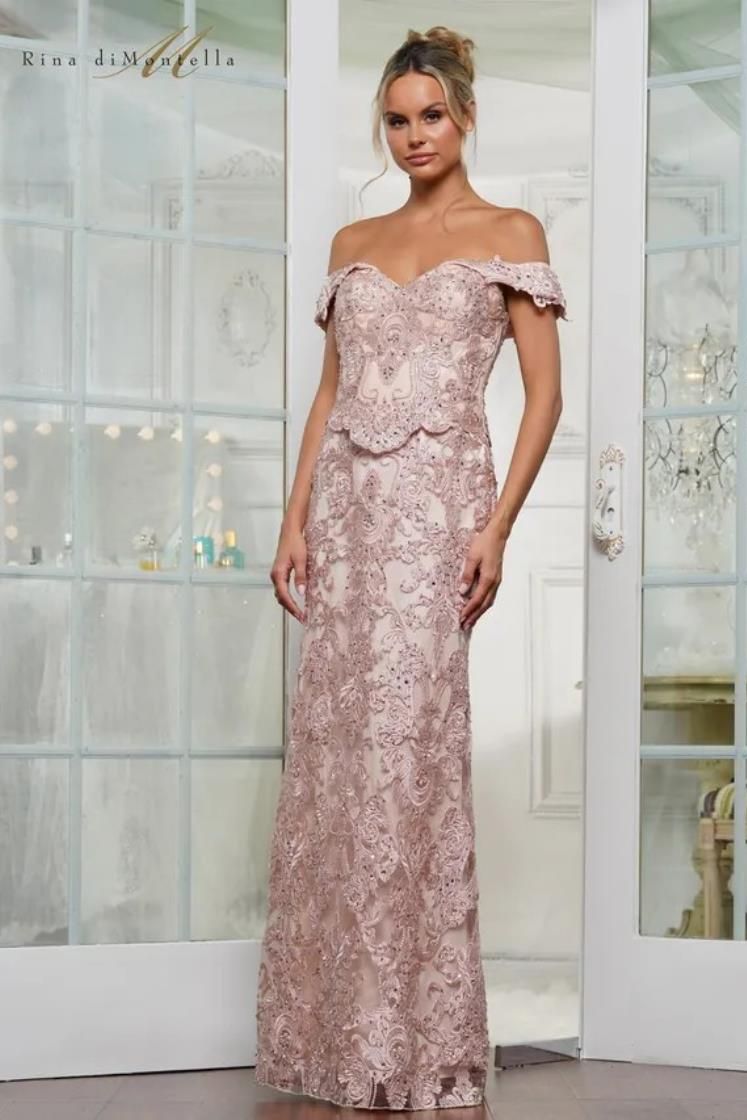 Rina Di Montella -RD3144-1 Sweetheart neckline Off Shoulder Lace Gown