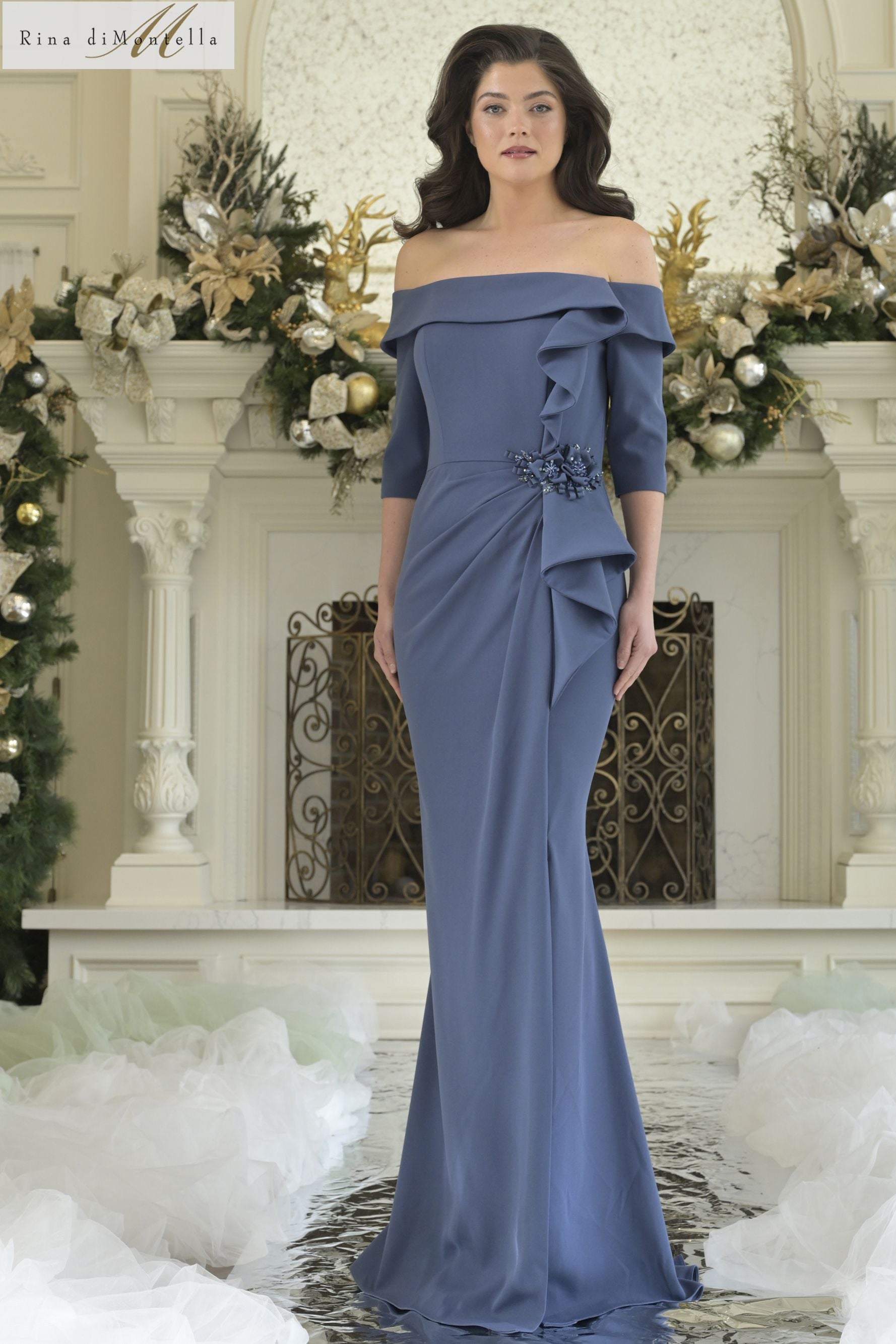 Rina Di Montella -RD3202 Off Shoulder Ruffle Sheath Gown
