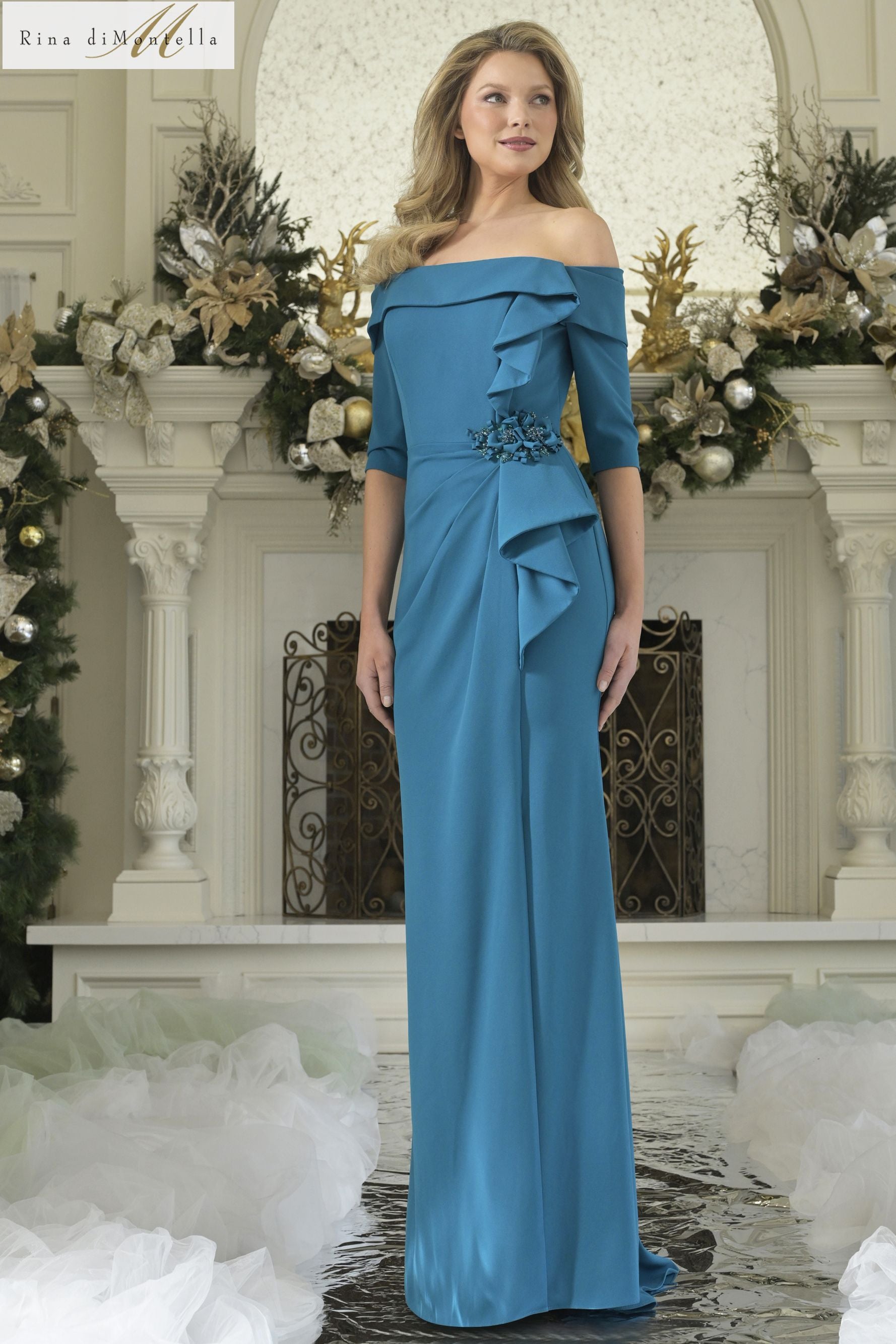 Rina Di Montella -RD3202 Off Shoulder Ruffle Sheath Gown