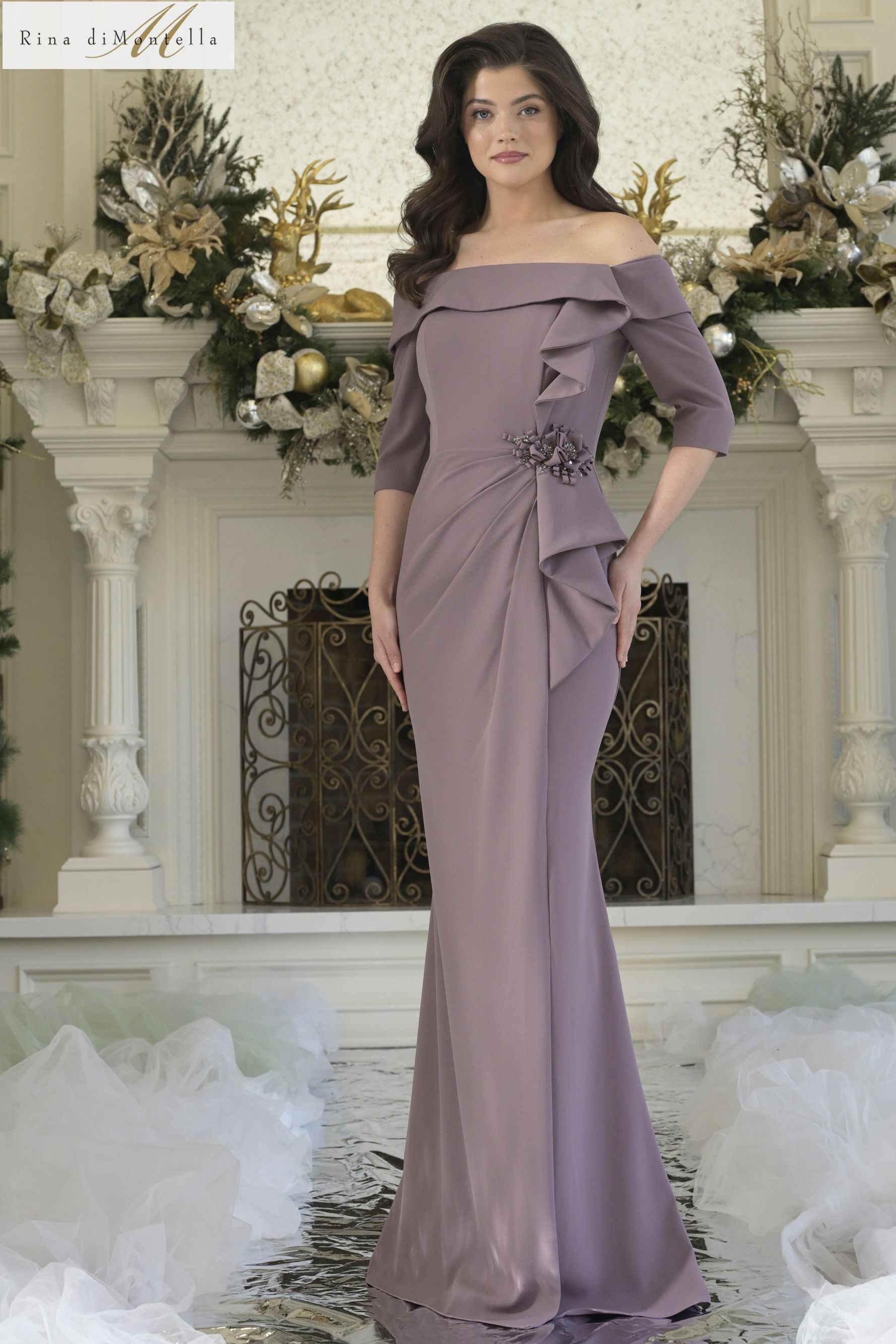 Rina Di Montella -RD3202 Off Shoulder Ruffle Sheath Gown
