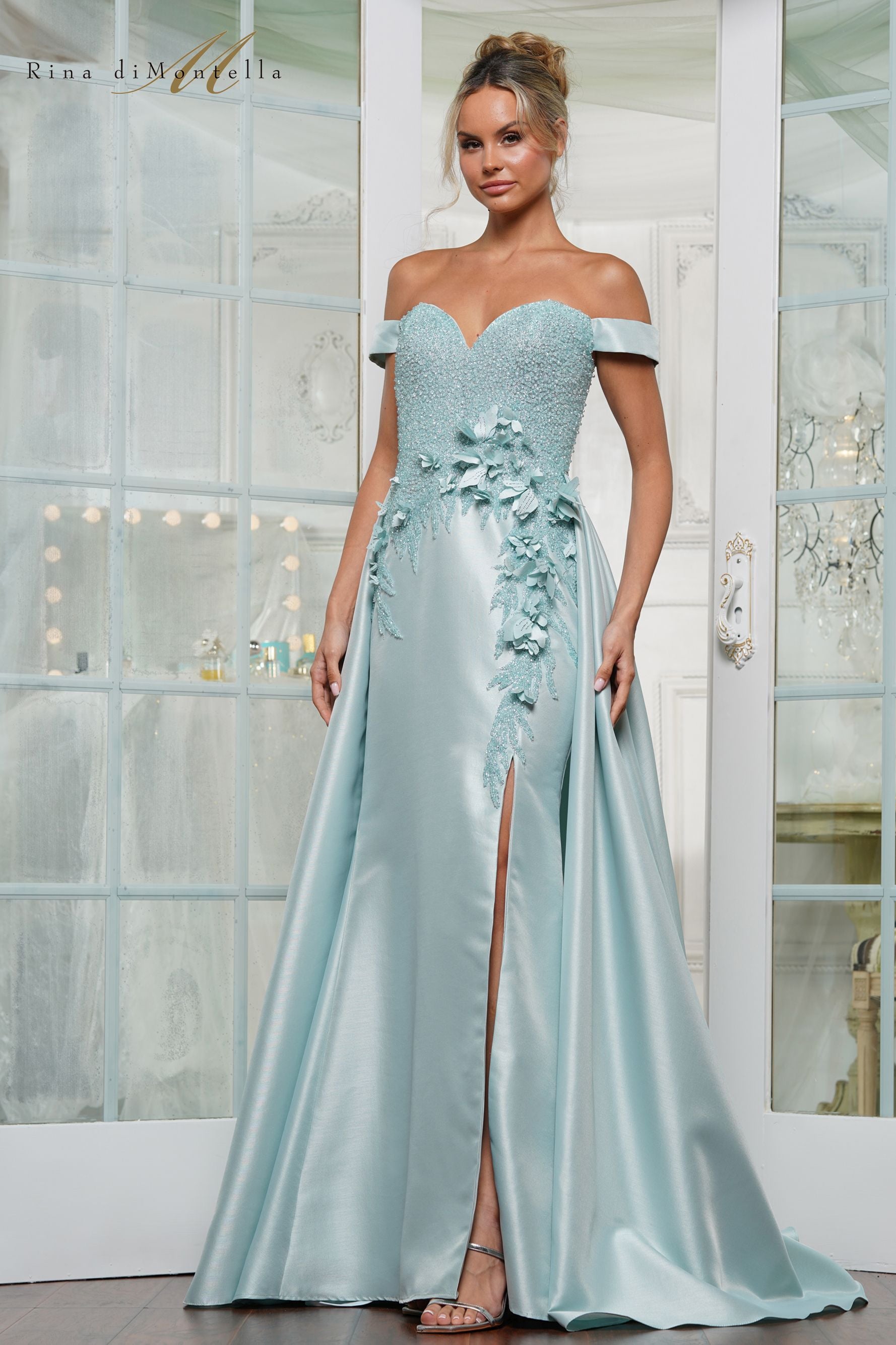 Rina Di Montella -RD3229 Floral Embellished with a Slit Prom Gown