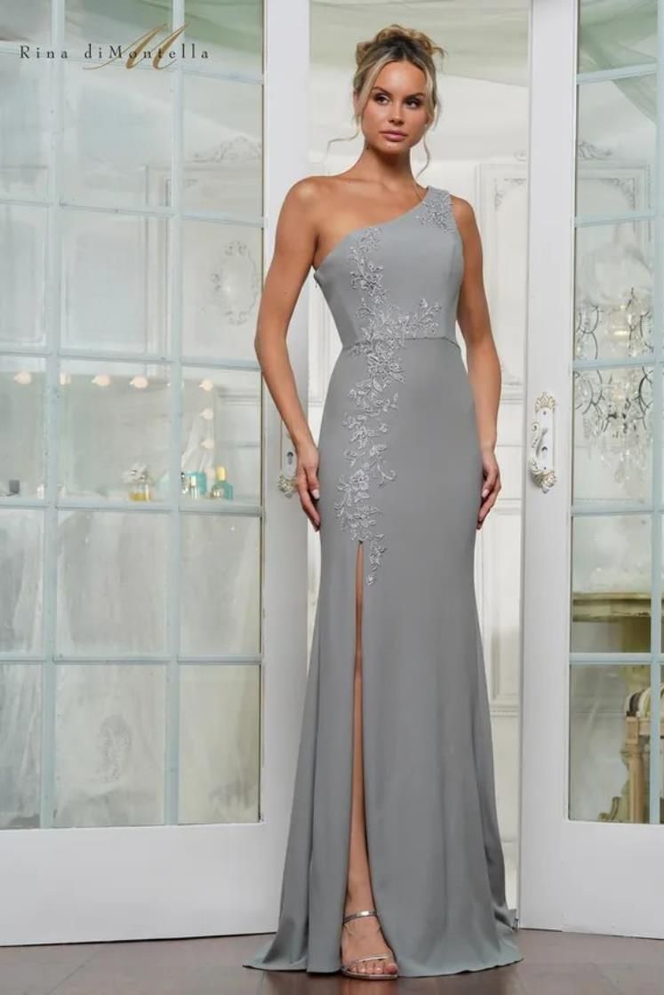 Rina Di Montella -RD3240 Fit and Flare Gown with Beaded Floral Embroidery Applique.