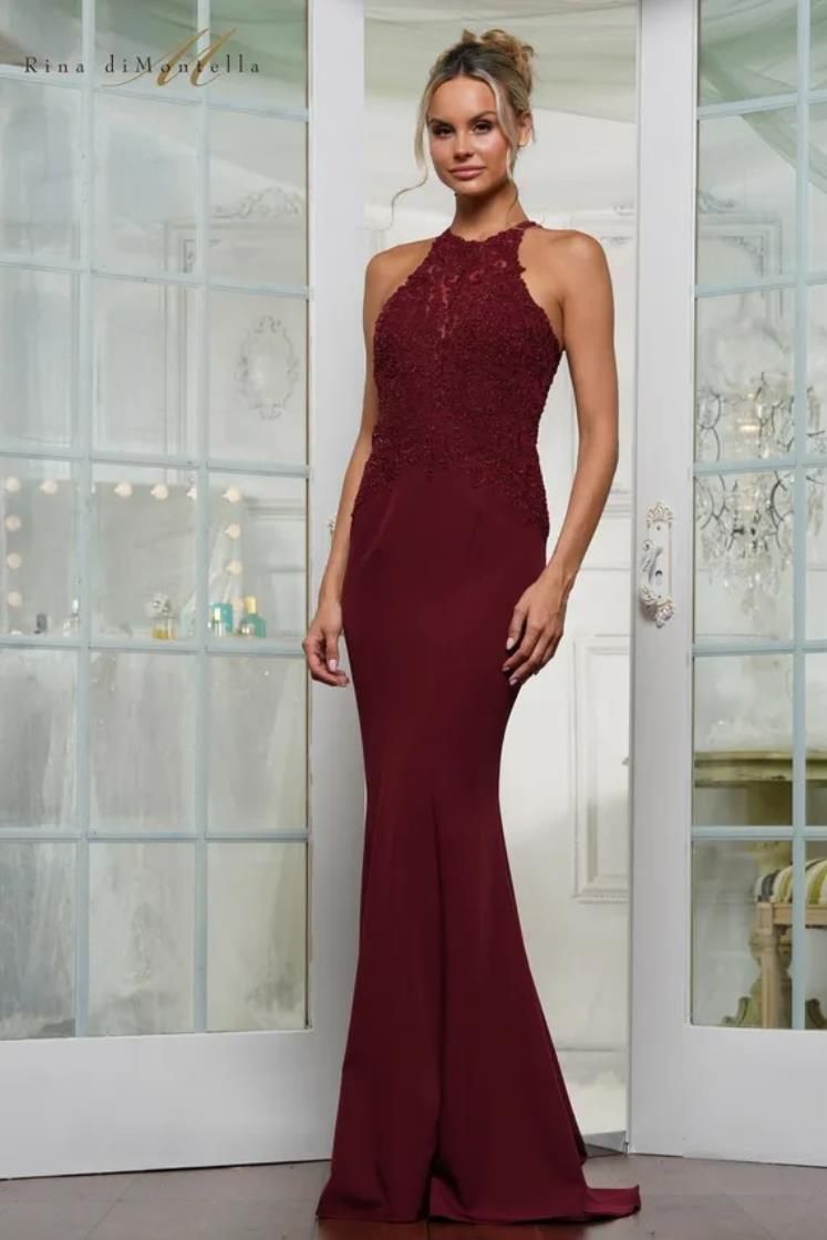 Rina Di Montella RD3243 Halter Neckline Bodice Fit and Flare Gown