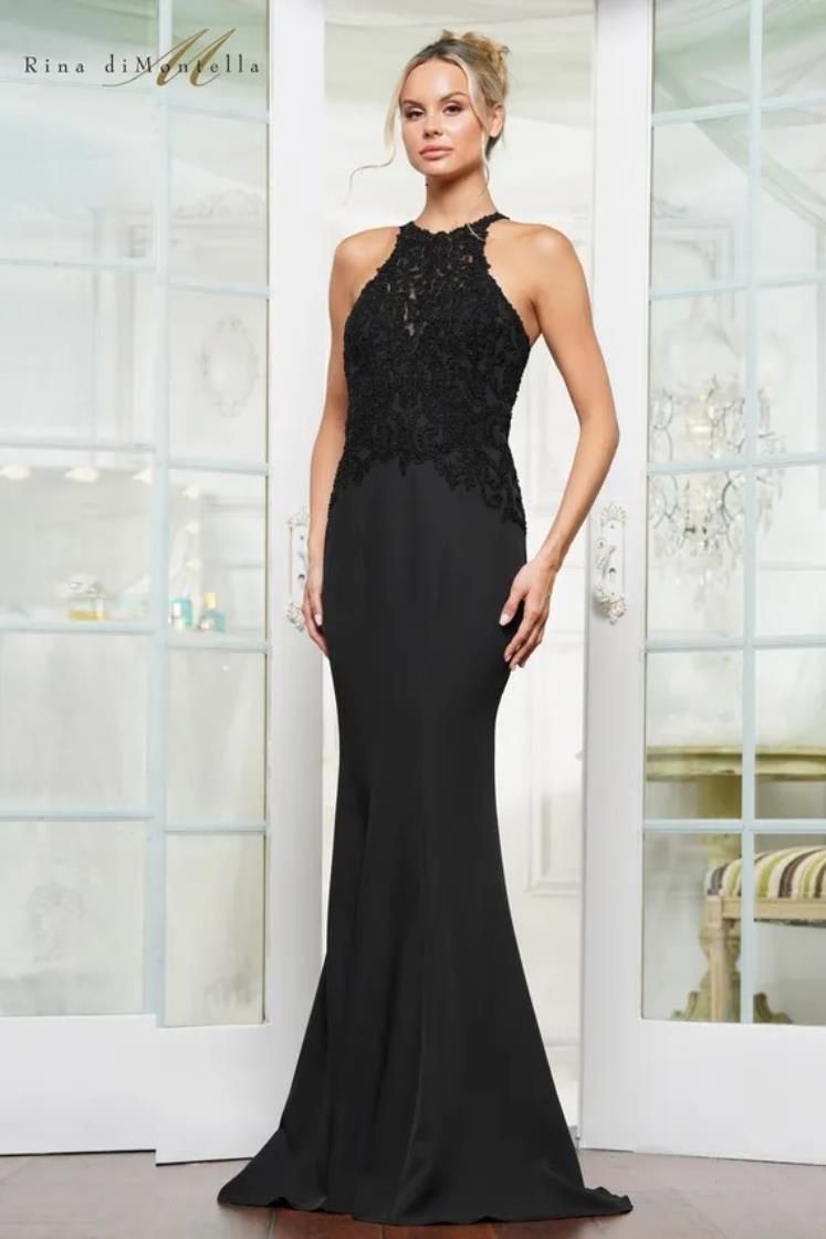 Rina Di Montella RD3243 Halter Neckline Bodice Fit and Flare Gown