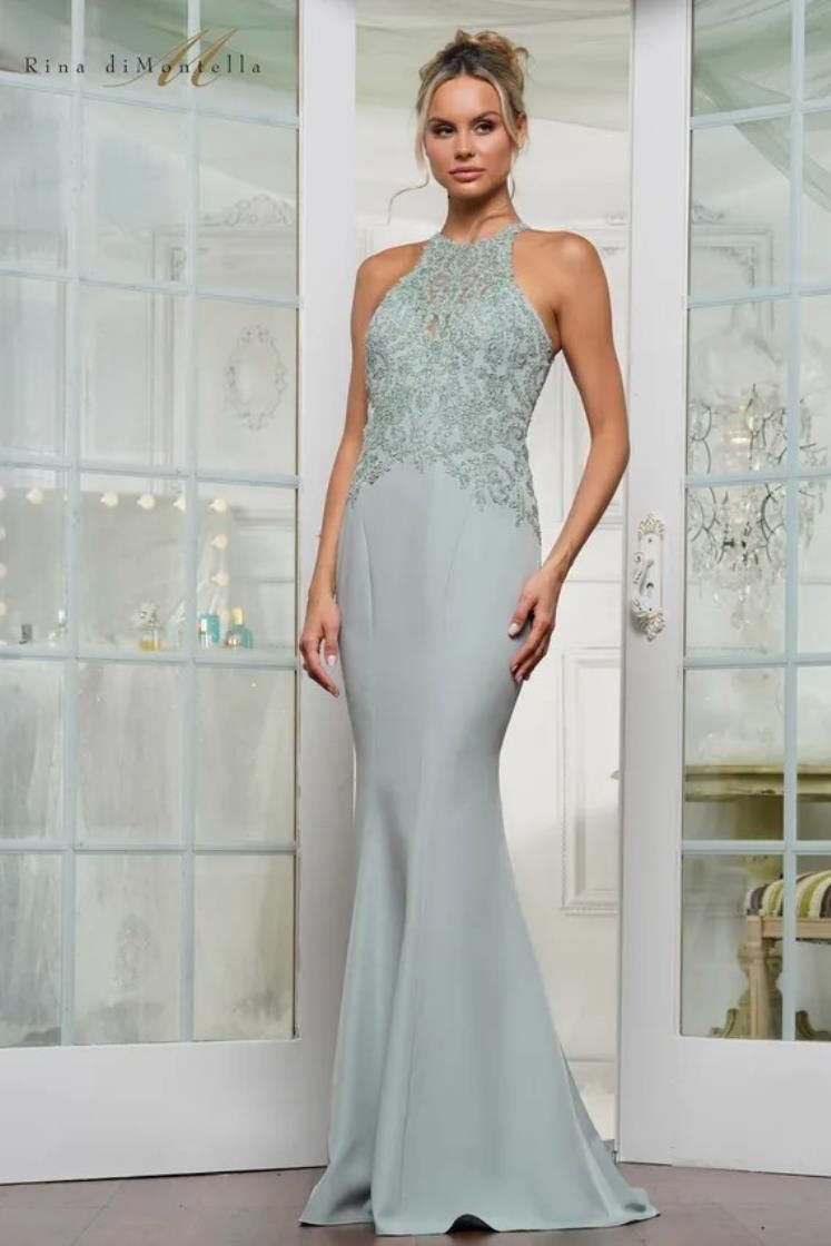 Rina Di Montella RD3243 Halter Neckline Bodice Fit and Flare Gown