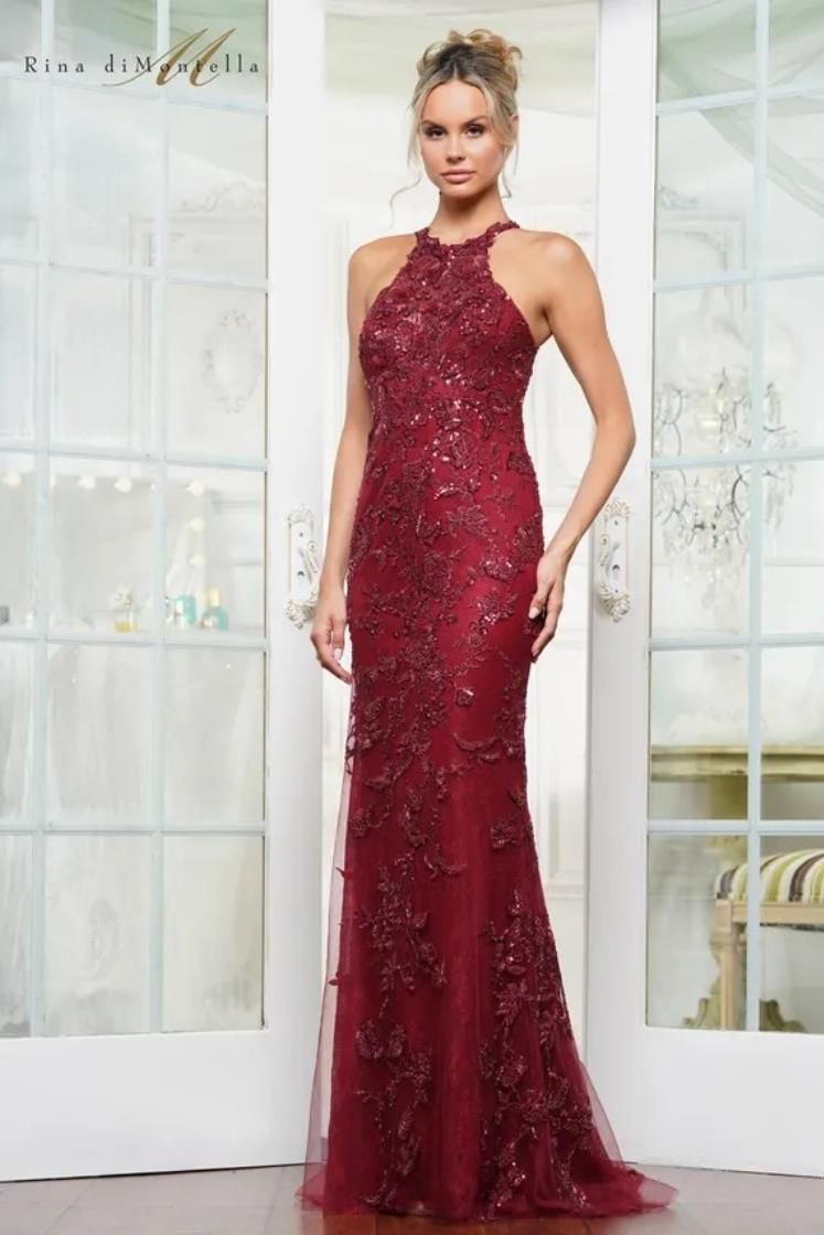 Rina Di Montella RD3247 Embroidered Lace Fit and Flare Gown with Halter Neckline