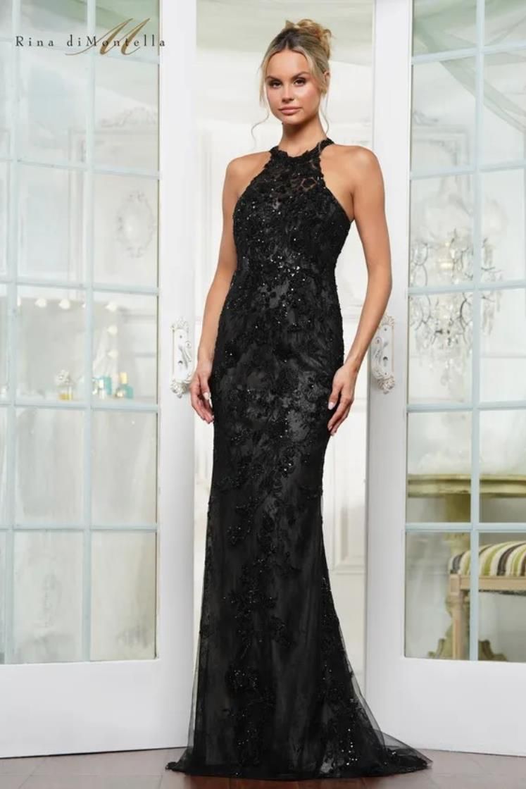 Rina Di Montella RD3247 Embroidered Lace Fit and Flare Gown with Halter Neckline