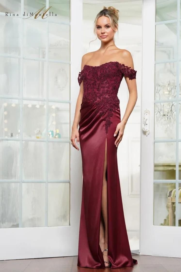 Rina Di Montella RD3251-1 Embroidered Lace Off Shoulder Evening Dress