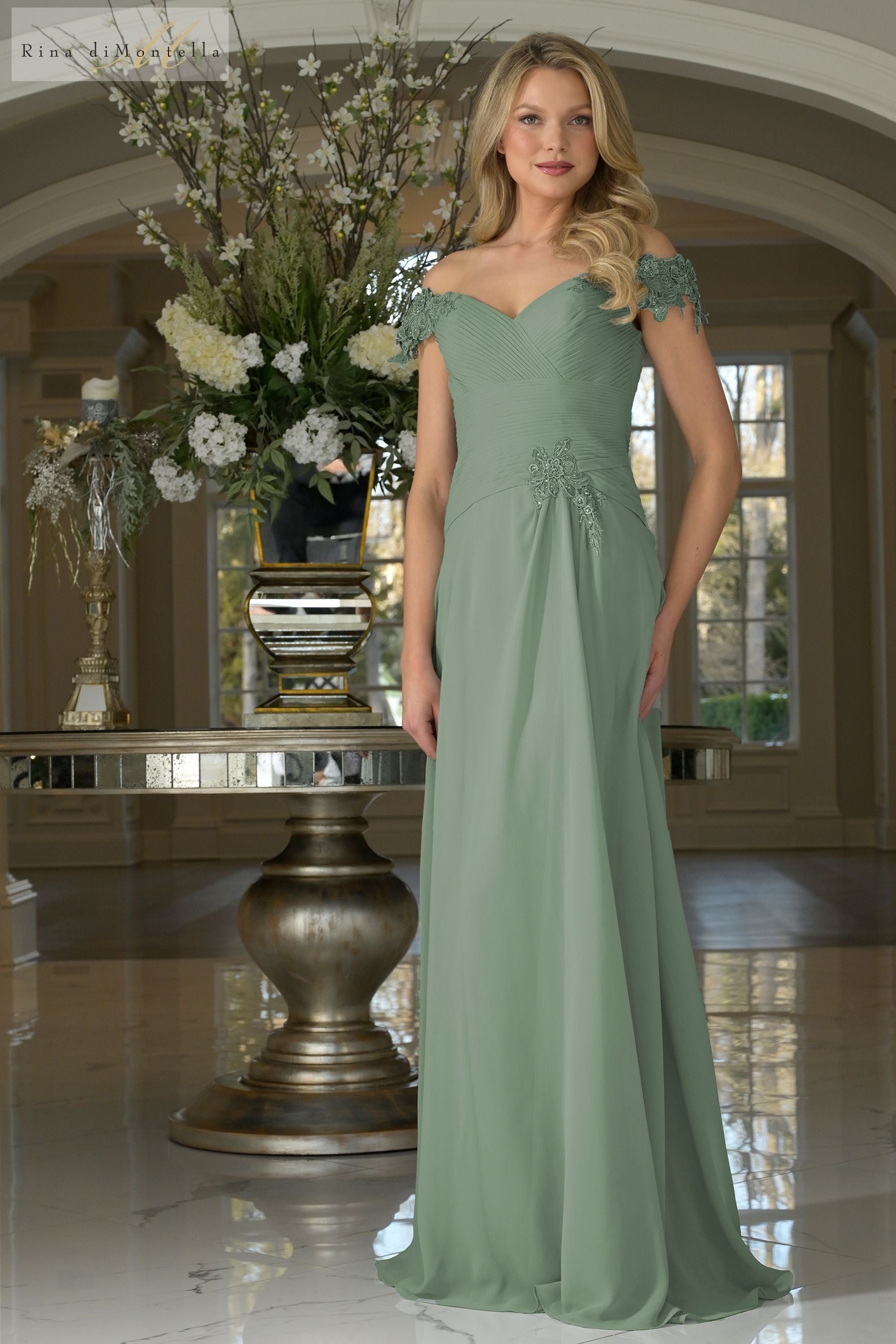 Rina Di Montella RD3255 Off Shoulder Lace appliqués Evening Dress