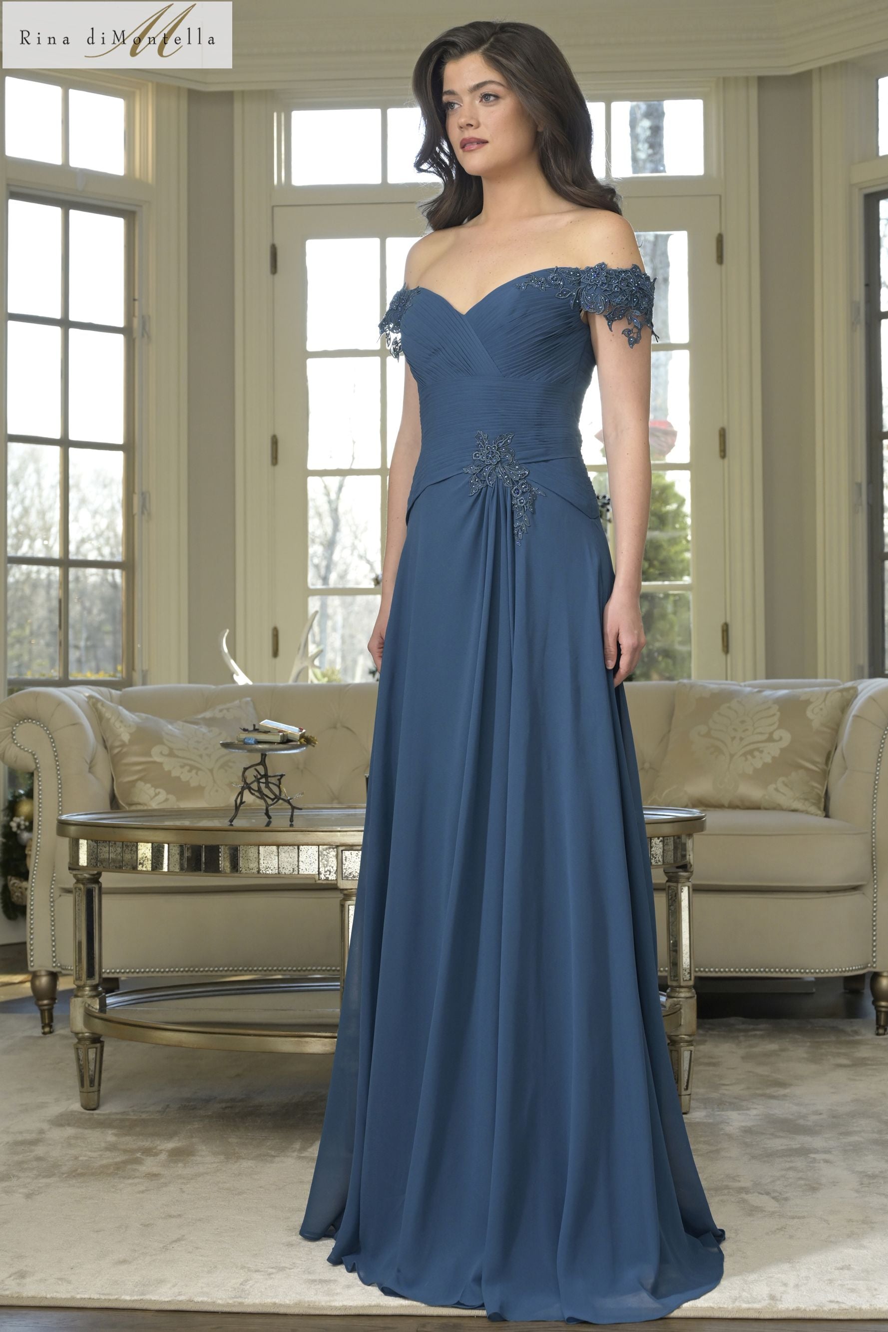 Rina Di Montella RD3255 Off Shoulder Lace appliqués Evening Dress