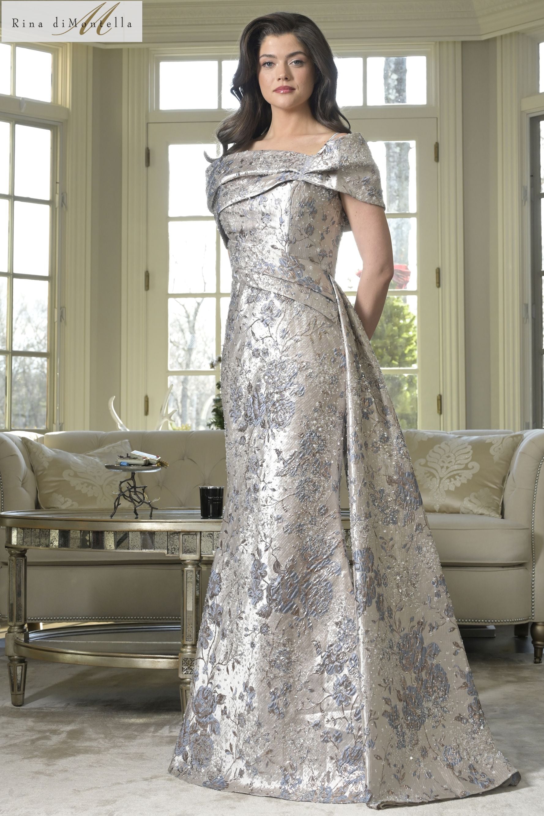 Rina Di Montella -RD3306-1 Off Shoulder Floral Beaded Gown