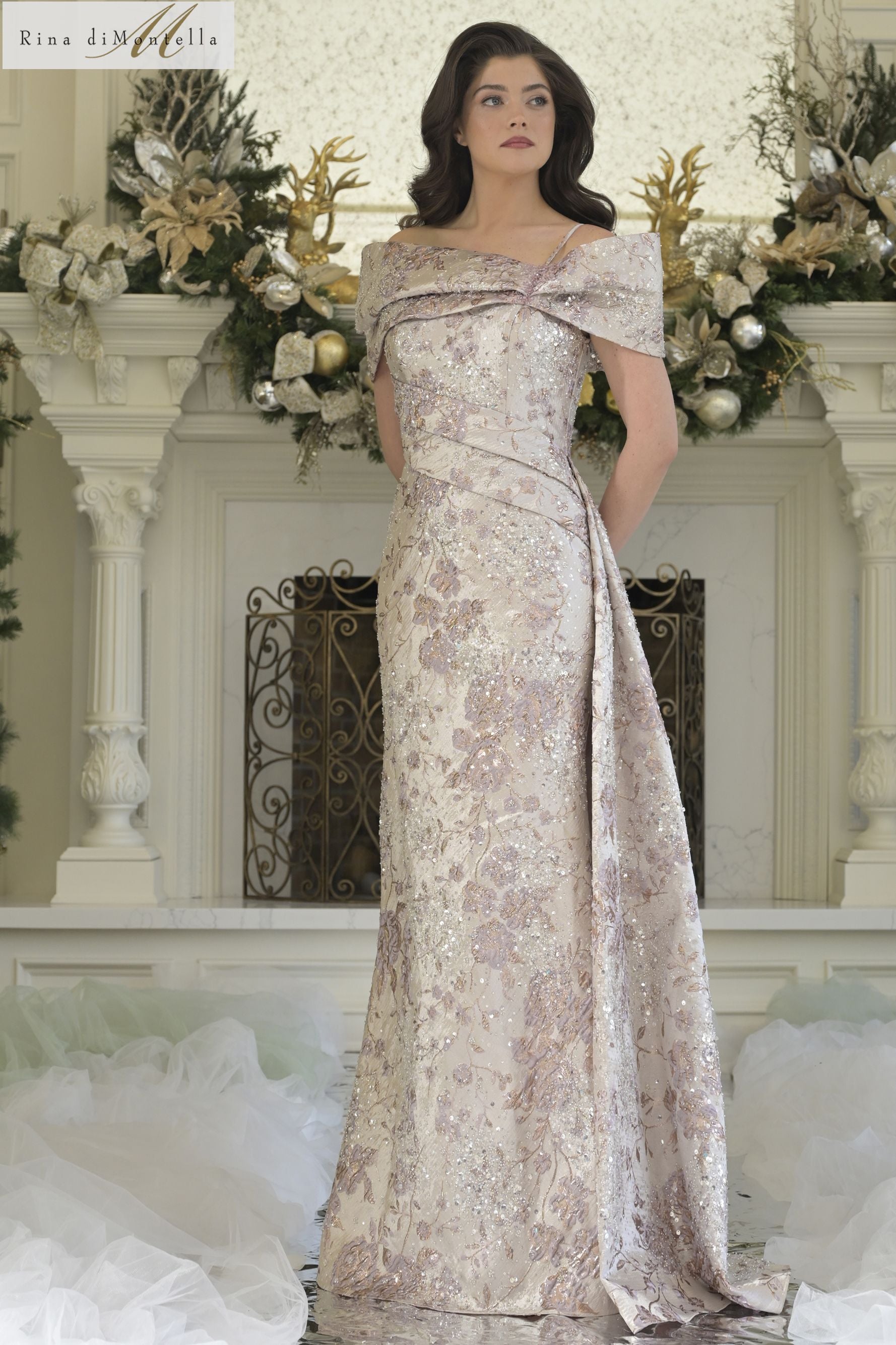 Rina Di Montella -RD3306 Off Shoulder Floral Beaded Gown
