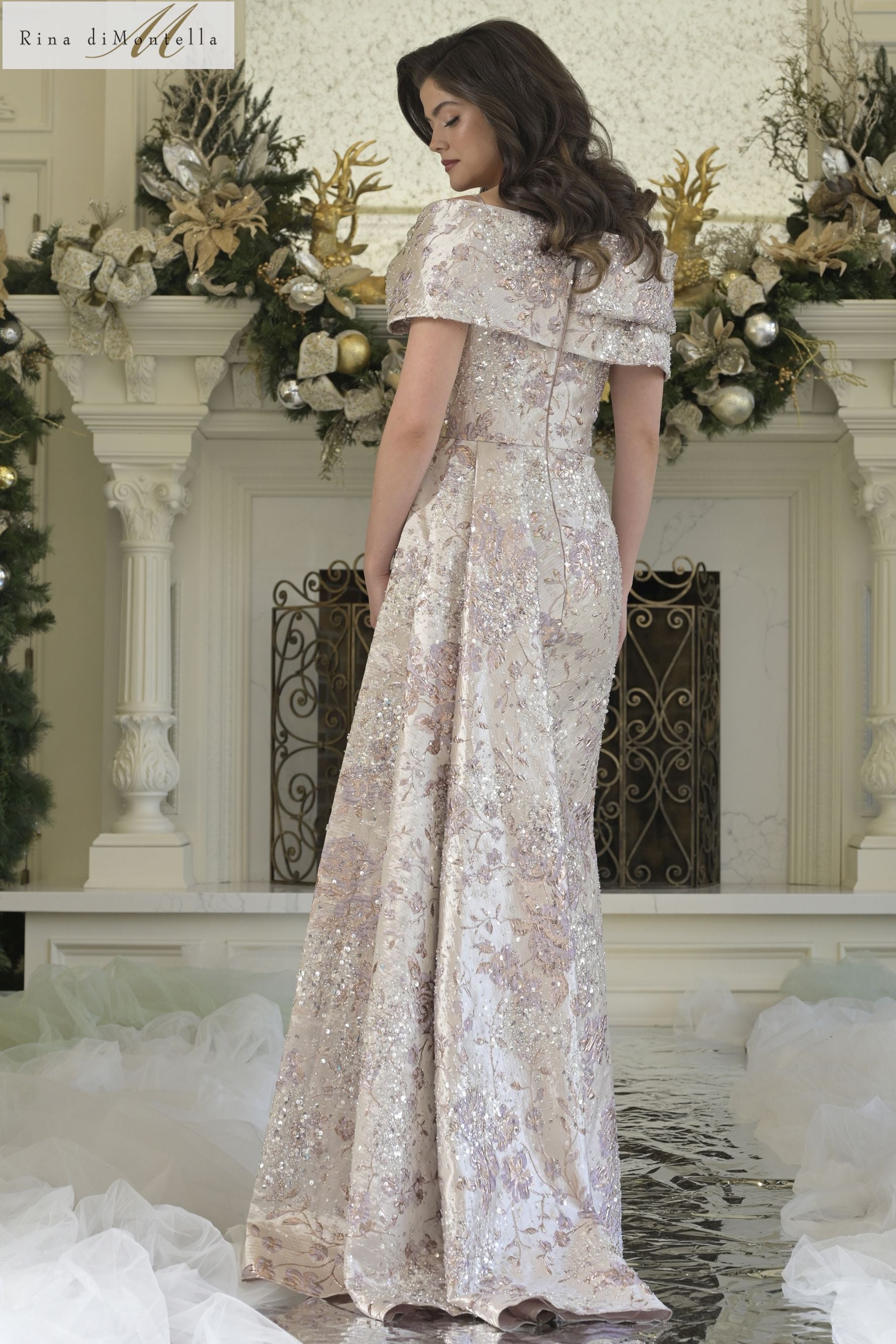 Rina Di Montella -RD3306 Off Shoulder Floral Beaded Gown