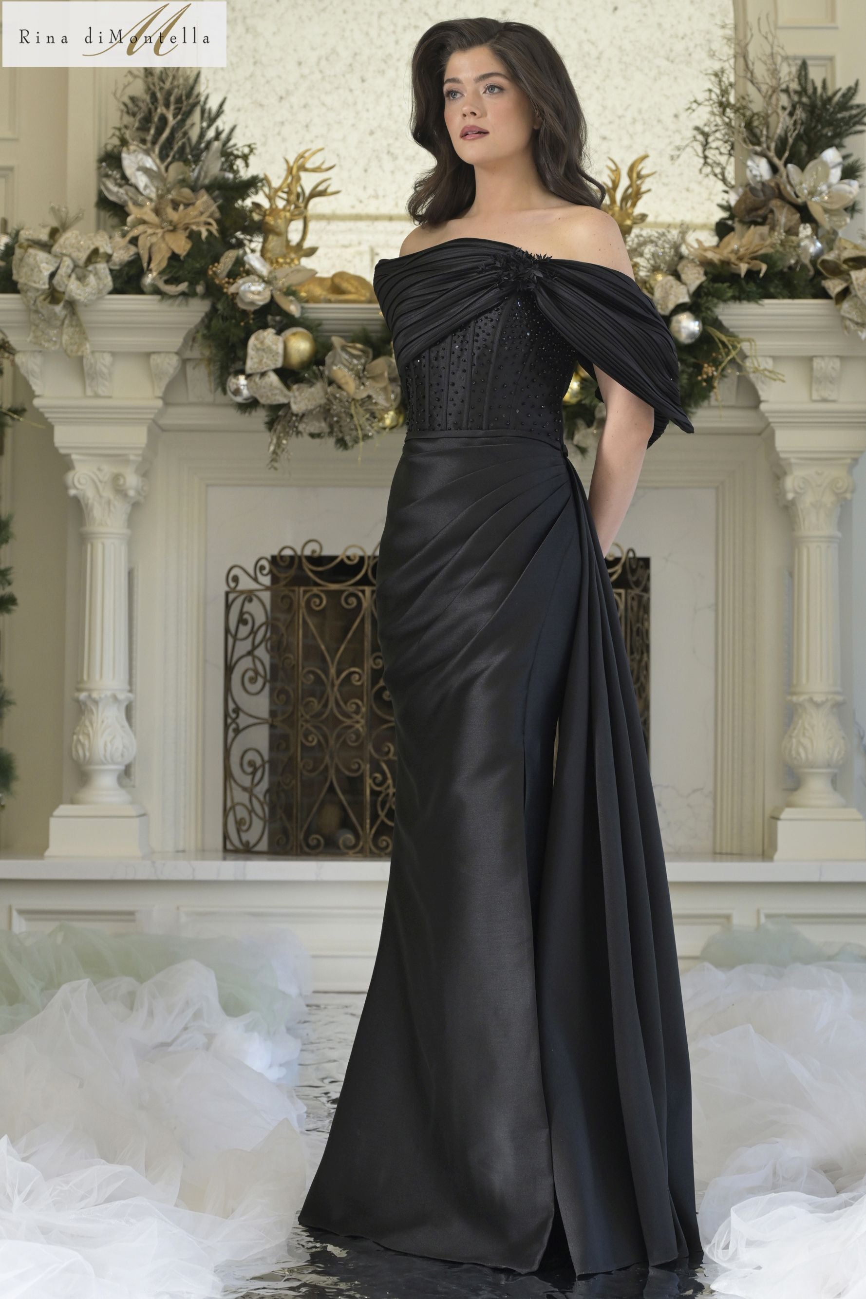Rina Di Montella -RD3309 Off Shoulder Pleated Sheath Gown
