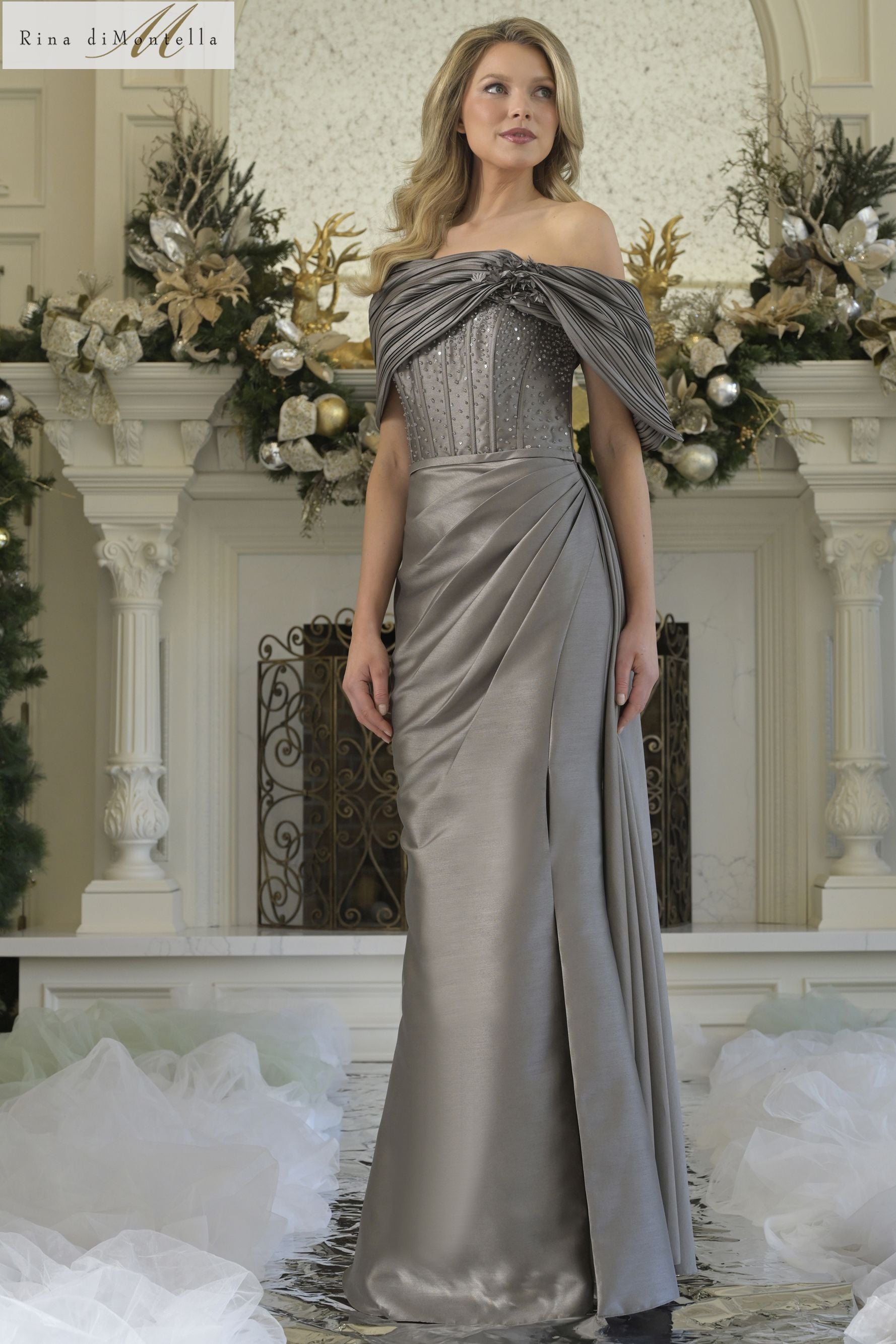 Rina Di Montella -RD3309 Off Shoulder Pleated Sheath Gown