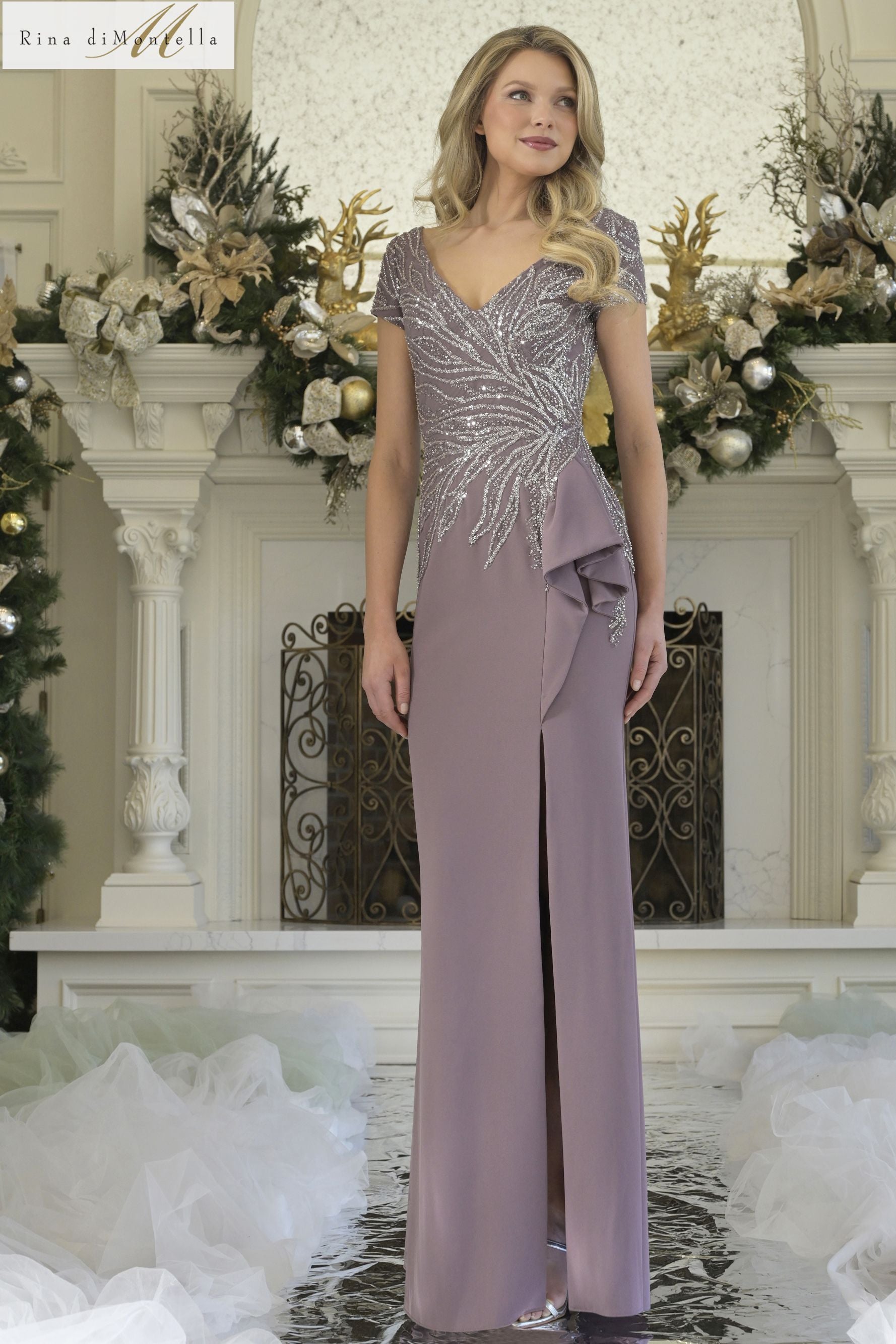 Rina Di Montella -RD3323 Beaded Bodice V-Neck Gown