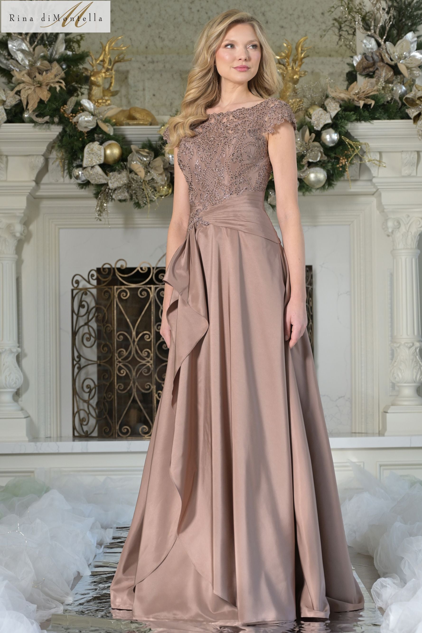 Rina Di Montella -RD3327 Beaded Lace Bodice A-Line Gown