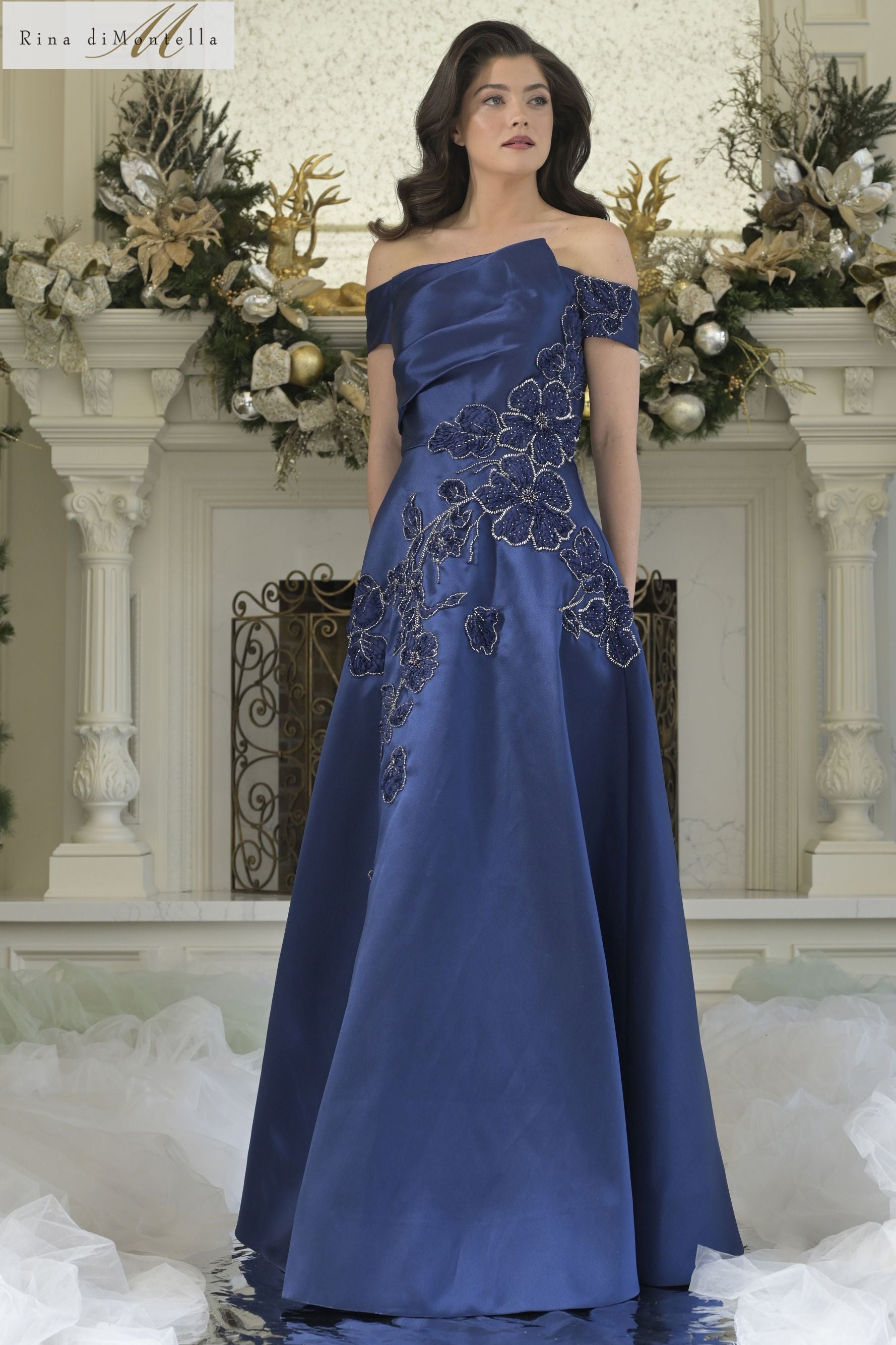 Rina Di Montella -RD3344 Asymmetric Floral Appliqued Long Dress
