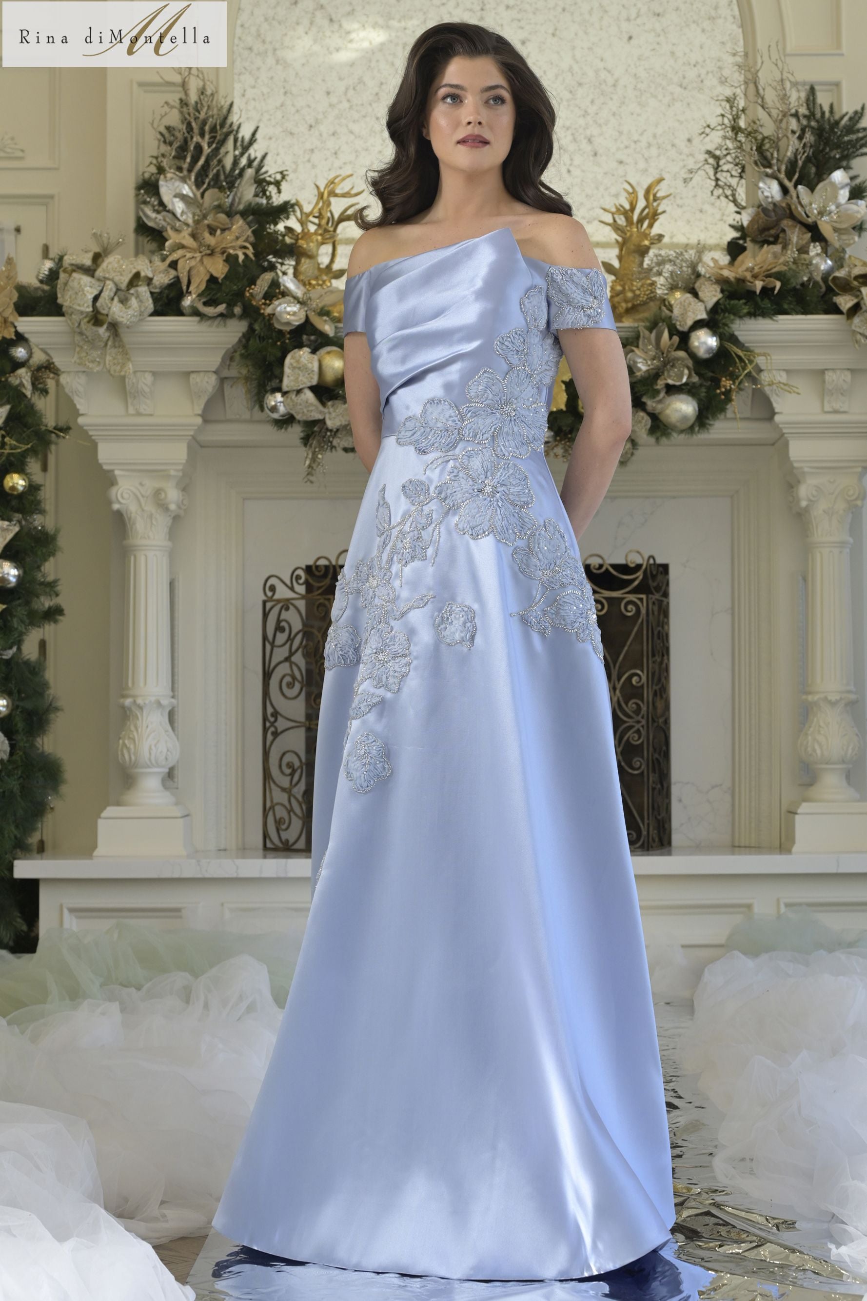 Rina Di Montella -RD3344 Asymmetric Floral Appliqued Long Dress