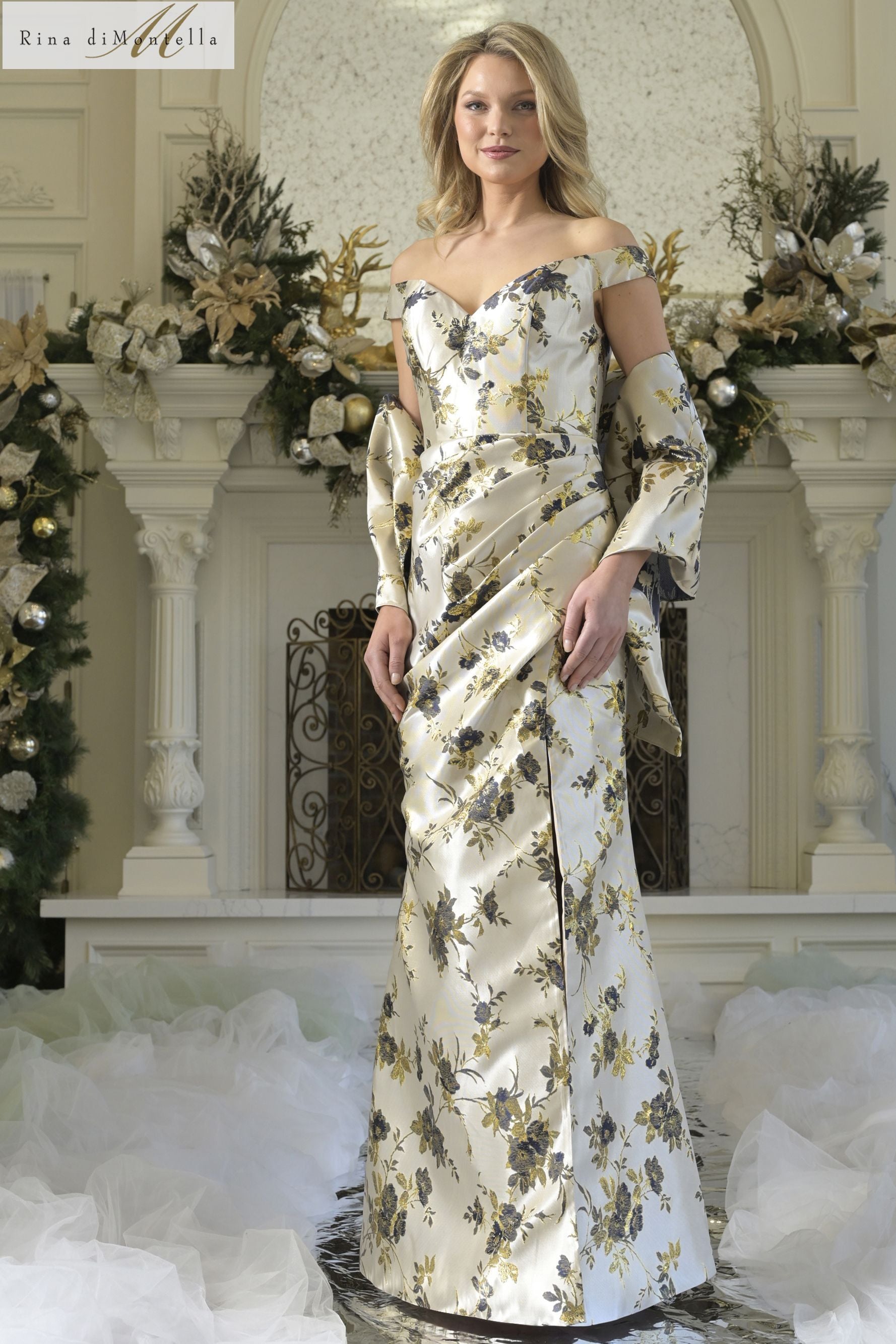 Rina Di Montella -RD3350 Floral Off Shoulder Sheath Gown