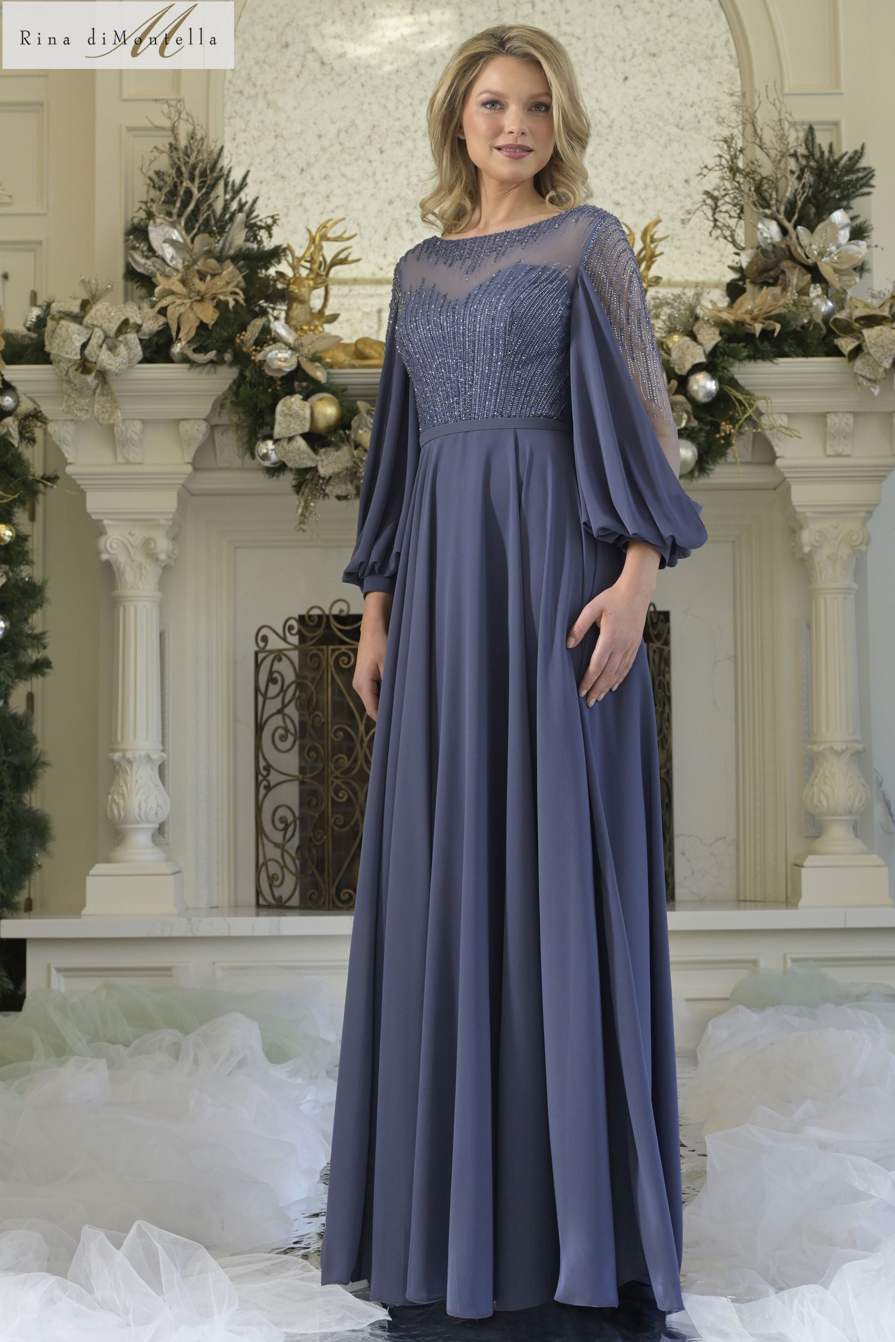 Rina Di Montella -RD3374 Beaded Bodice A-line Sleeve Gown