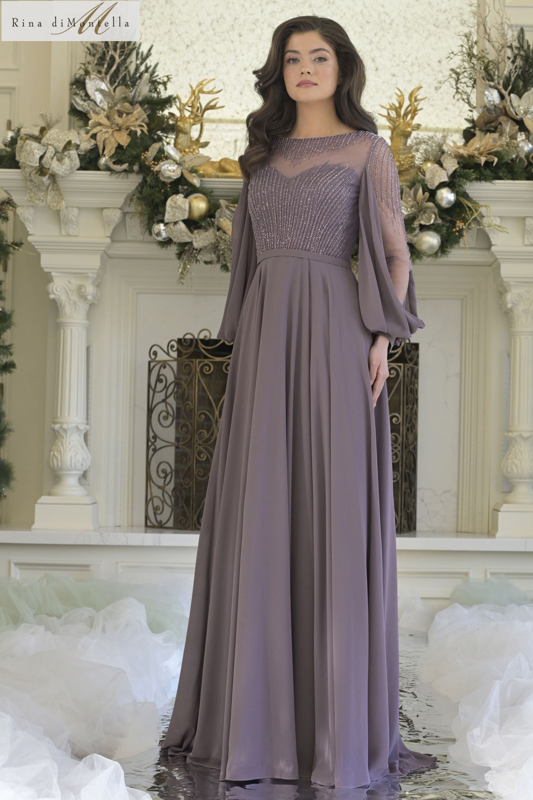 Rina Di Montella -RD3374 Beaded Bodice A-line Sleeve Gown