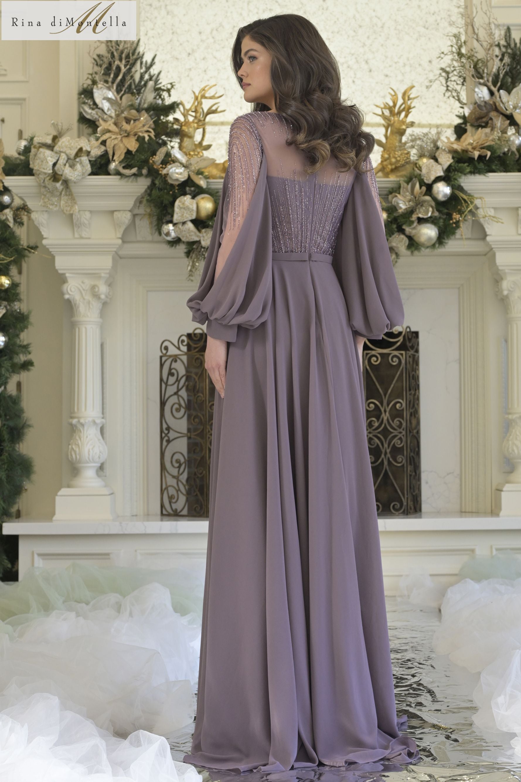 Rina Di Montella -RD3374 Beaded Bodice A-line Sleeve Gown