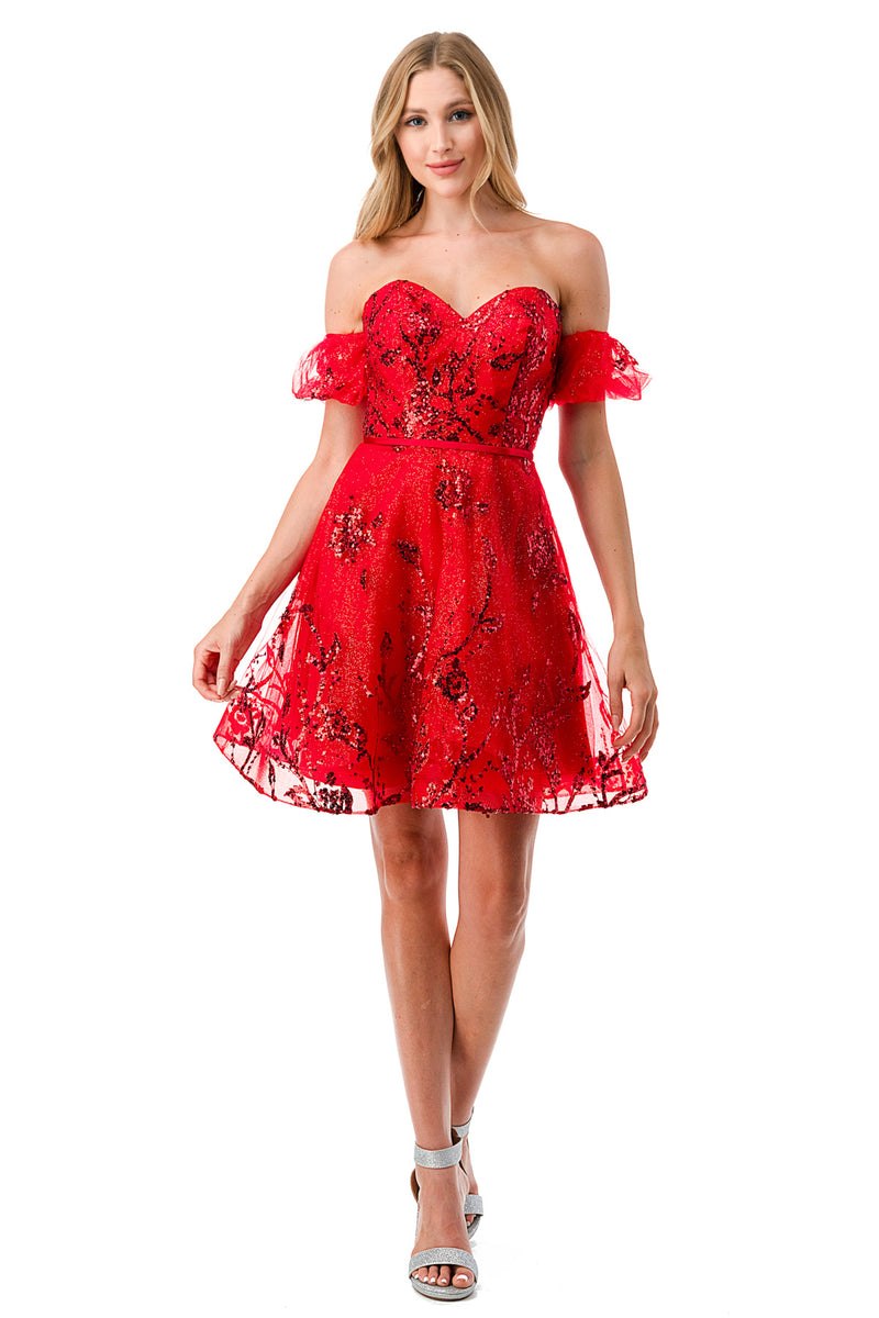 Aspeed Design -S2747B Red Off Shoulder Short Dress