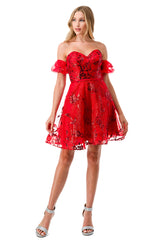 Aspeed Design -S2747B Red Off Shoulder Short Dress