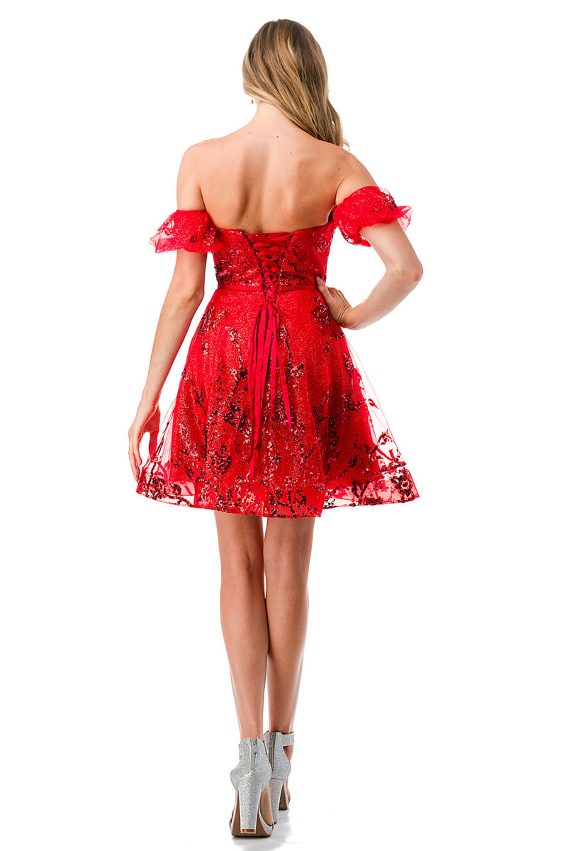 Aspeed Design -S2747B Red Off Shoulder Short Dress