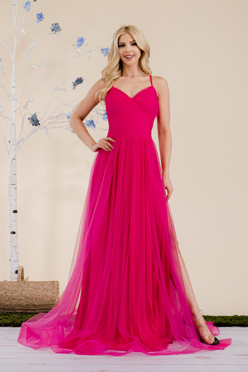 Prima Dress -SA502385 V-Neck Lace Up Back Tulle Dress